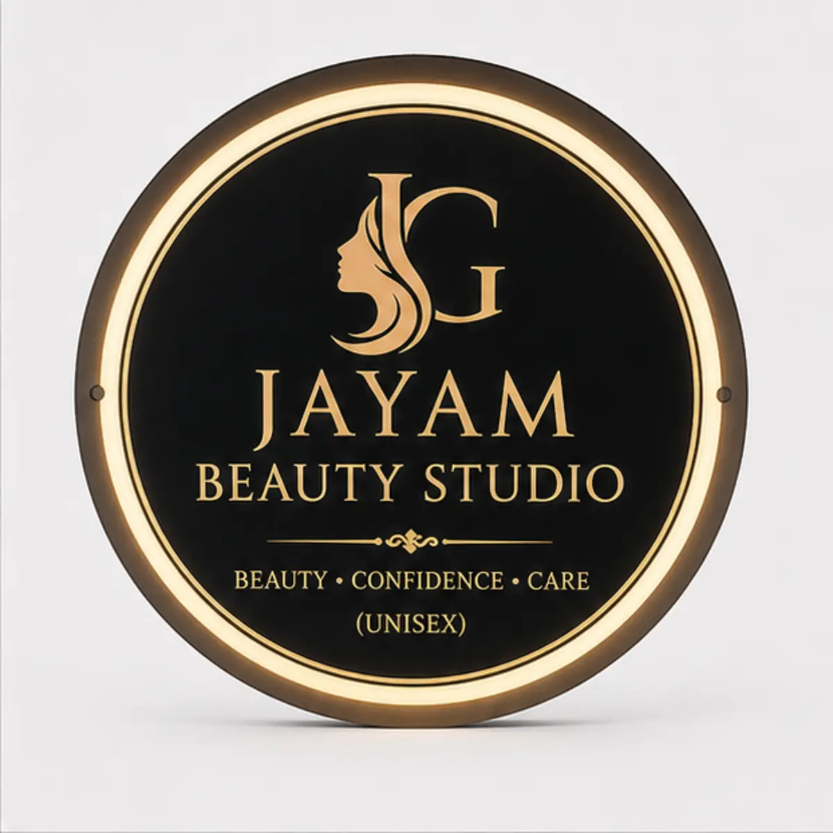 Front view of personalised round acrylic LED light box business sign board