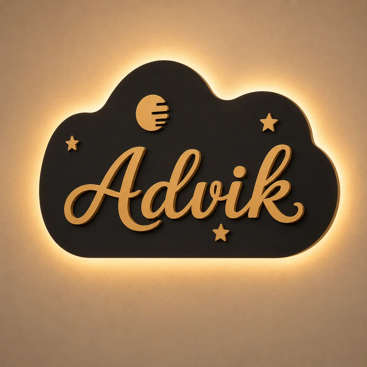 Personalised black and gold kids room name board with Advik lettering and warm white backlit LED