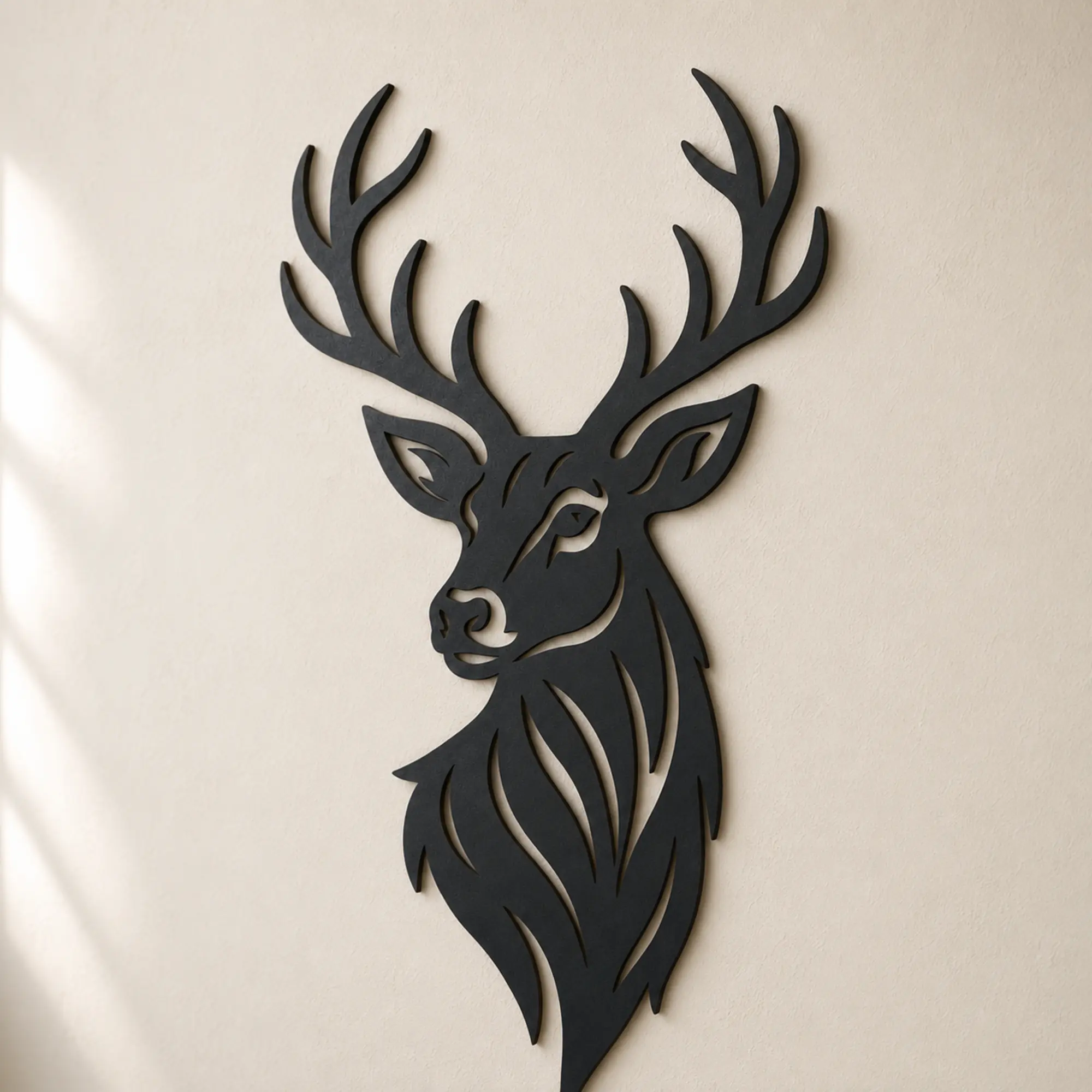 45-degree view of Majestic Stag wall art showing 5 mm MDF thickness