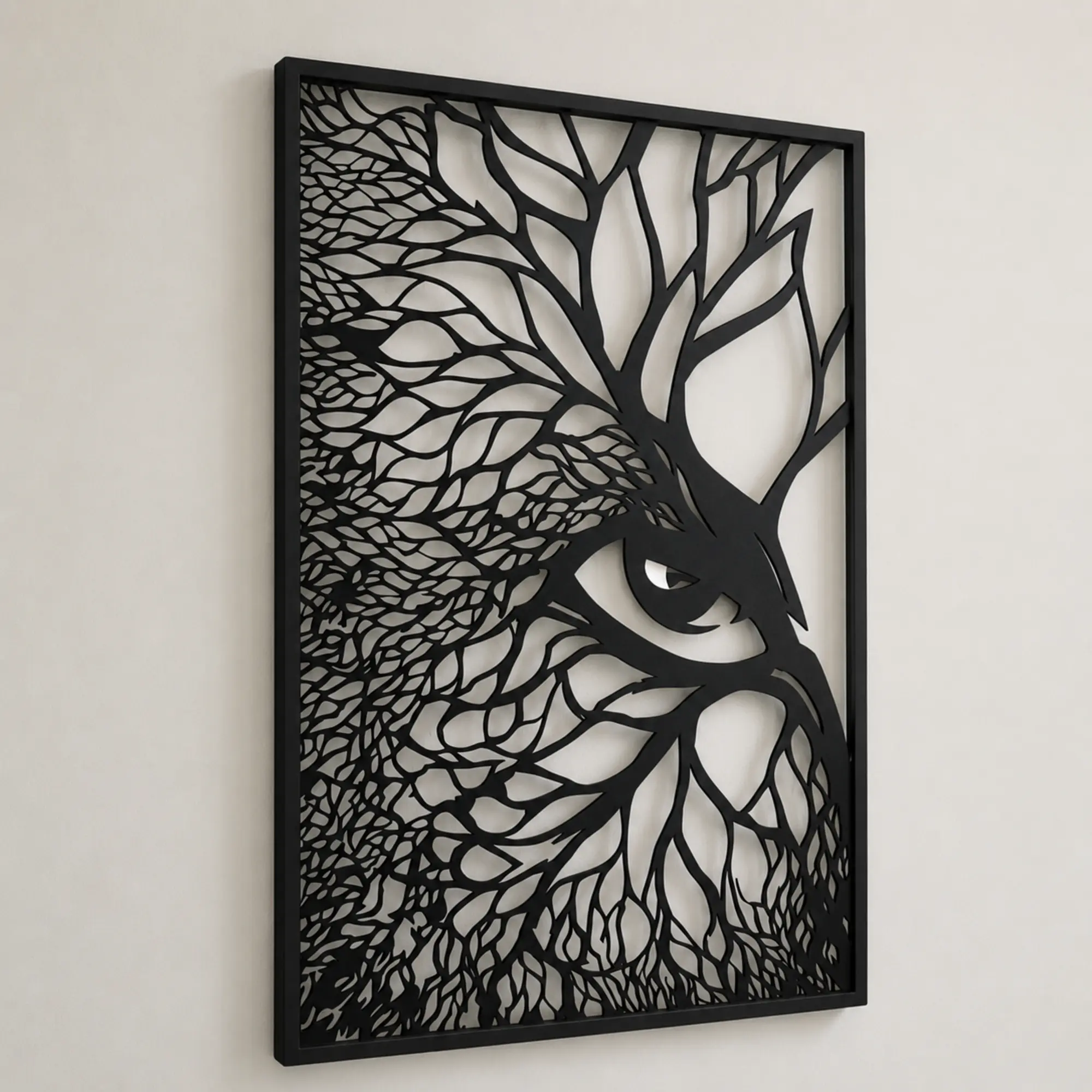 45-degree view of intricate owl wall art showing finished 5 mm MDF edges
