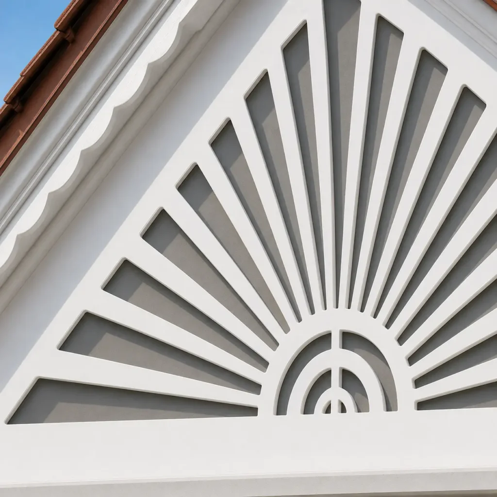 Close-up of one-piece white PVC gable jaali showing clean CNC-routed openings and white edges