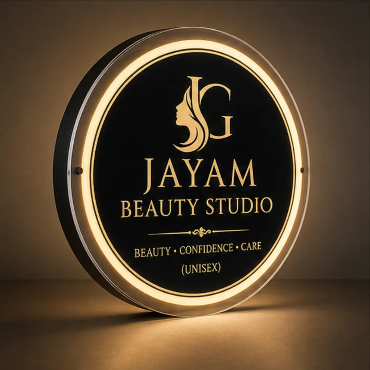 Angled view showing the depth and black side border of an acrylic LED light box sign