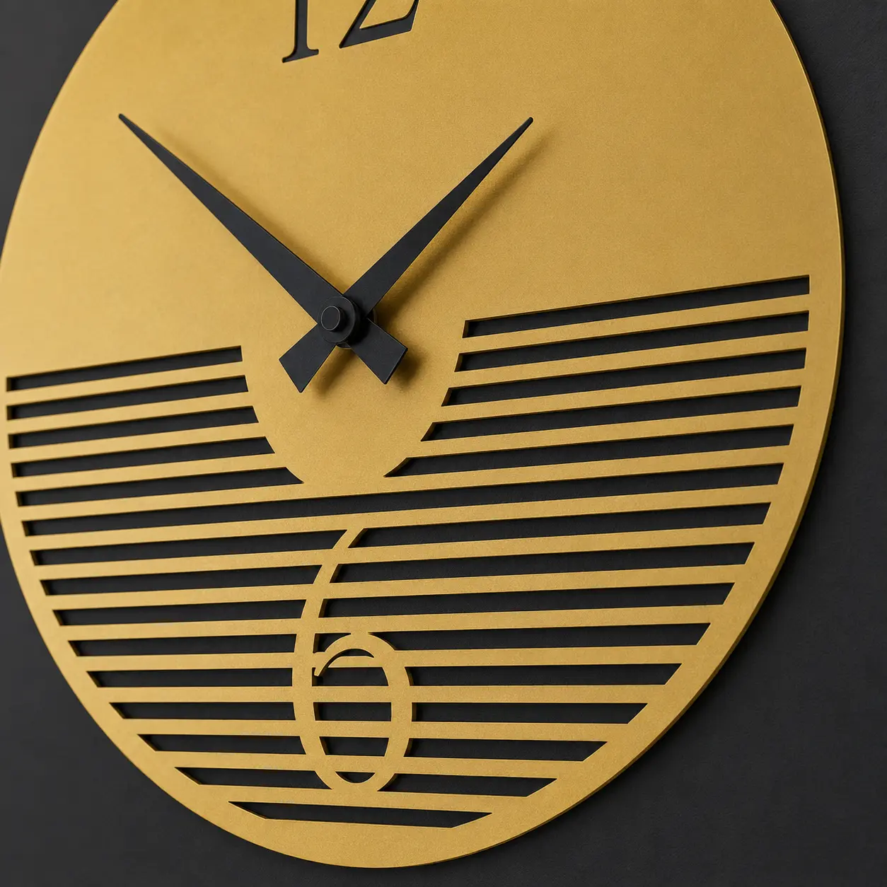 Golden Line-Cut Designer Acrylic Wall Clock close-up of hollow horizontal laser-cut linework