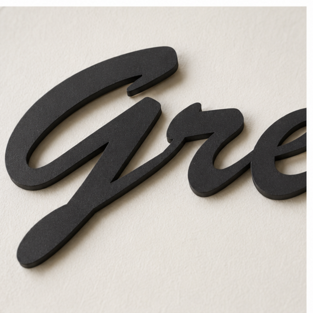 Close-up of Grateful MDF lettering showing smooth laser-cut edges