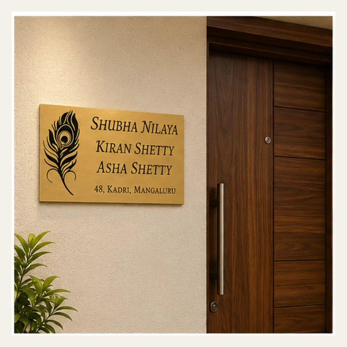 Installed beside home entrance of personalised peacock feather family brushed gold abs name plate with black engraving and 3M tape mounting