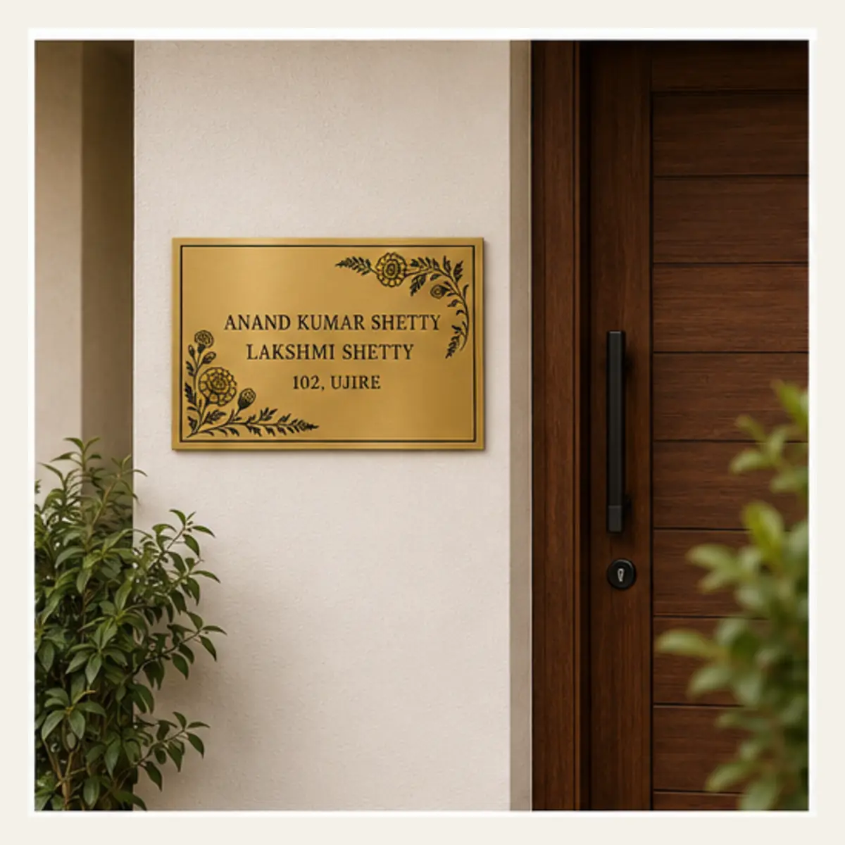 Installed beside home entrance of personalised botanical marigold brushed gold abs name plate with black engraving and 3M tape mounting