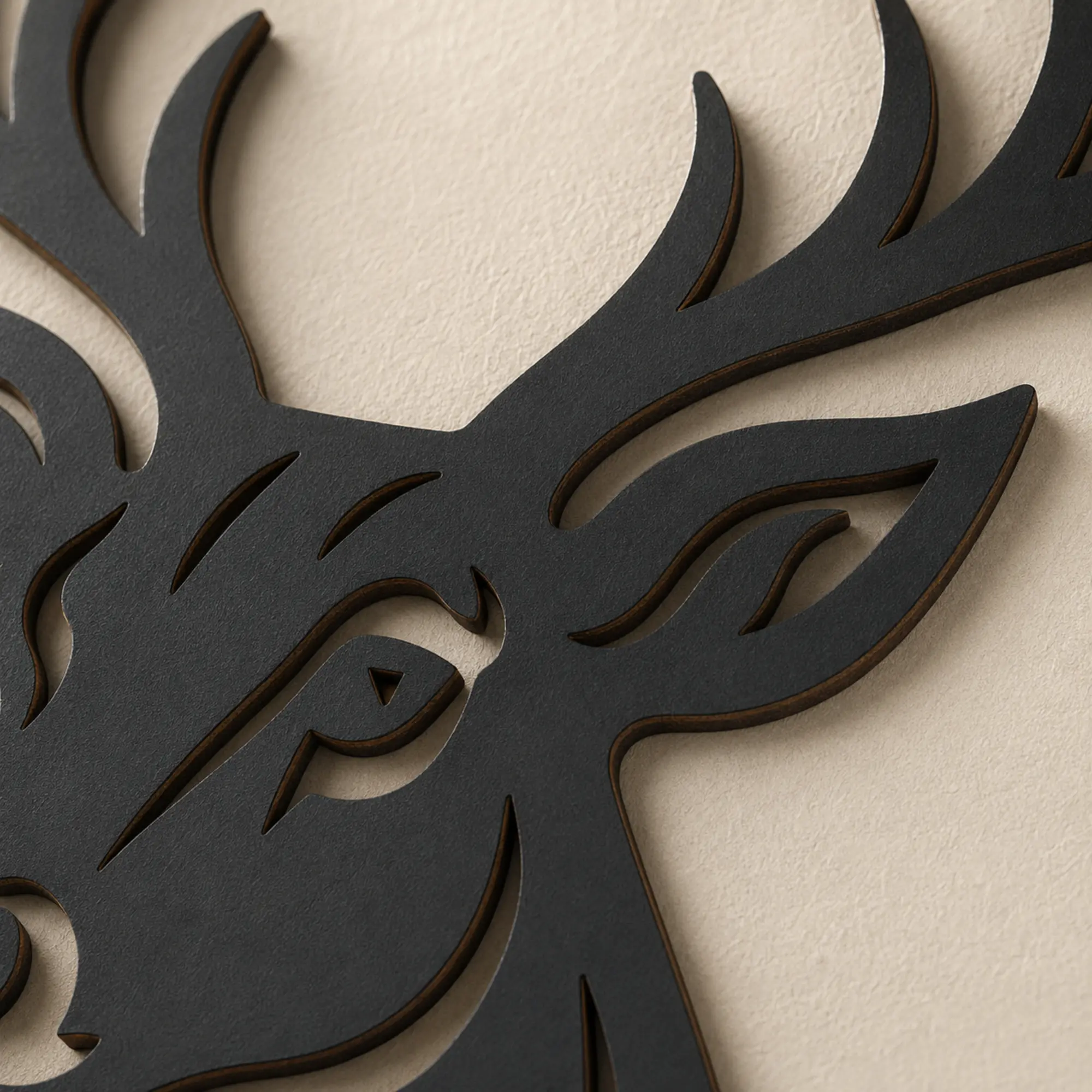 Close-up of Majestic Stag MDF wall art showing precision laser-cut details