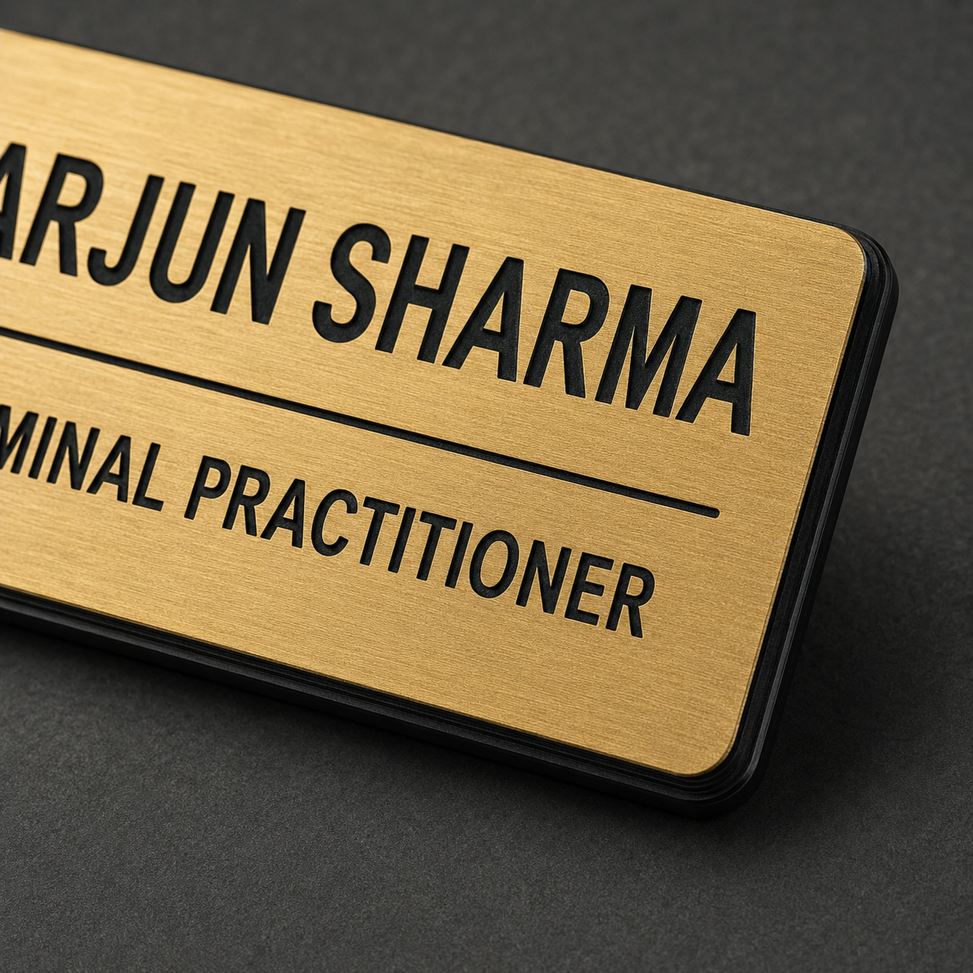 Close-up of 1.5 mm brushed gold ABS engraving and 2 mm acrylic base