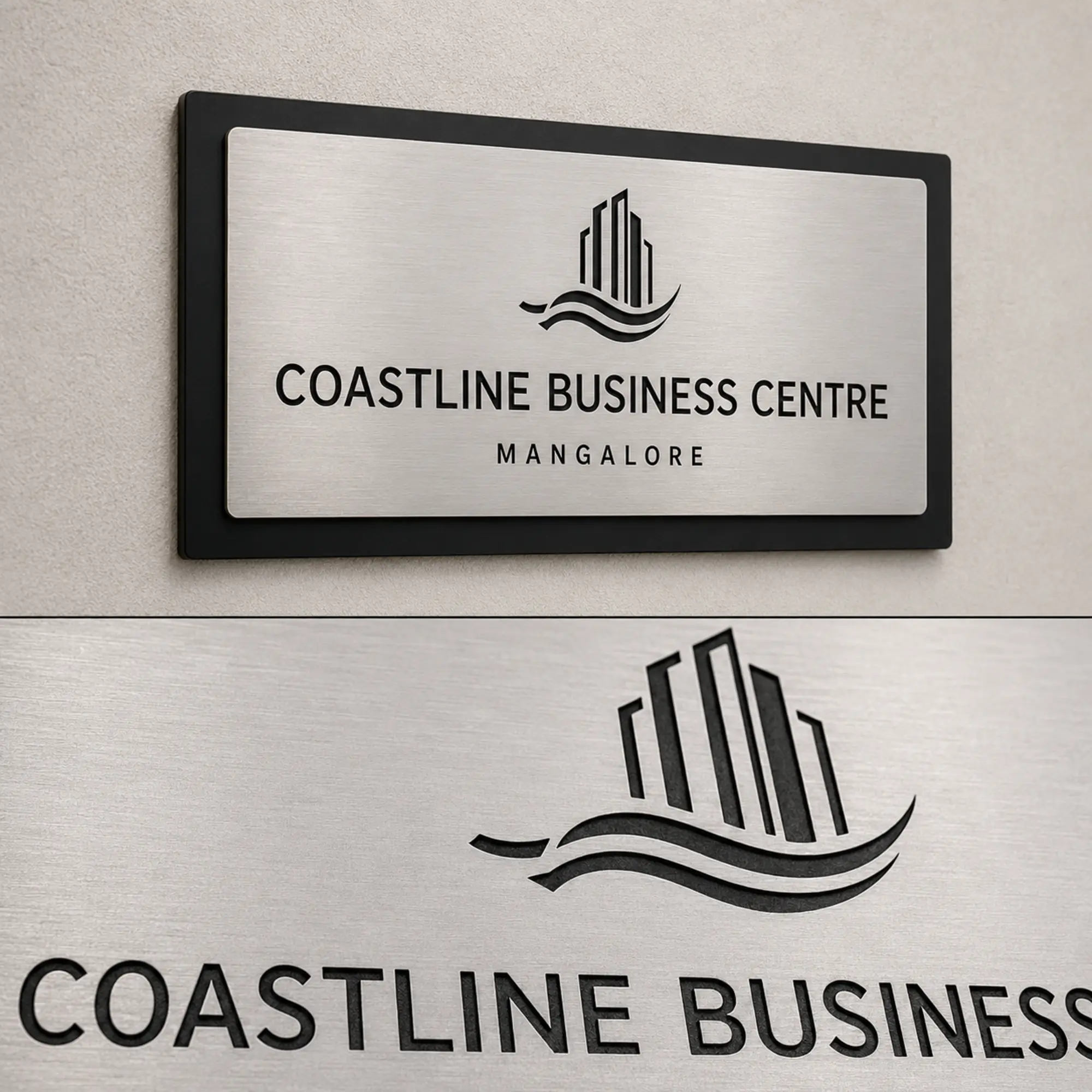 Close-up of engraved lettering and brushed silver finish on an office sign
