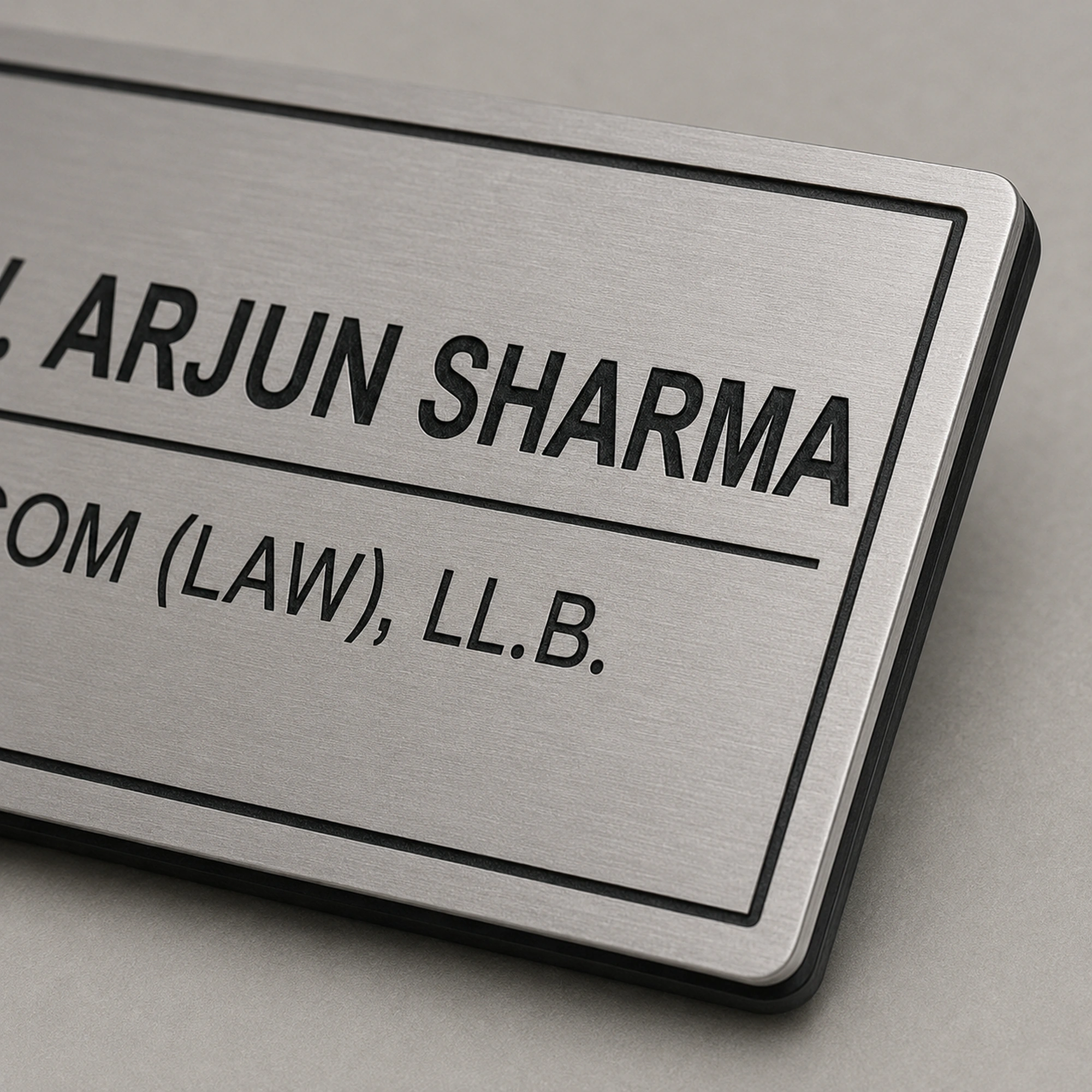 Close-up of 1.5 mm brushed silver ABS engraving and 2 mm acrylic base