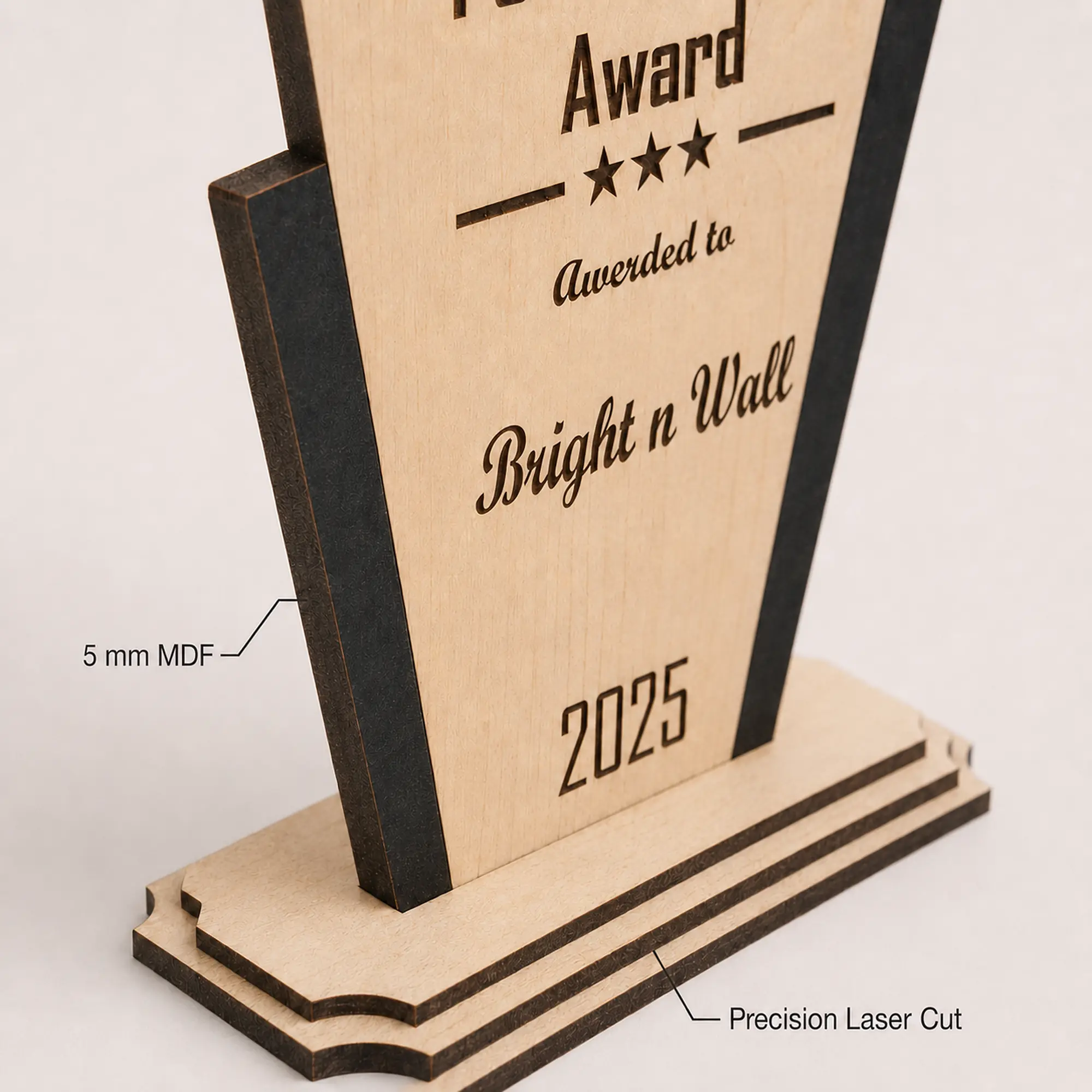 5 mm MDF thickness and precision laser-cut burnt edges on personalized executive award