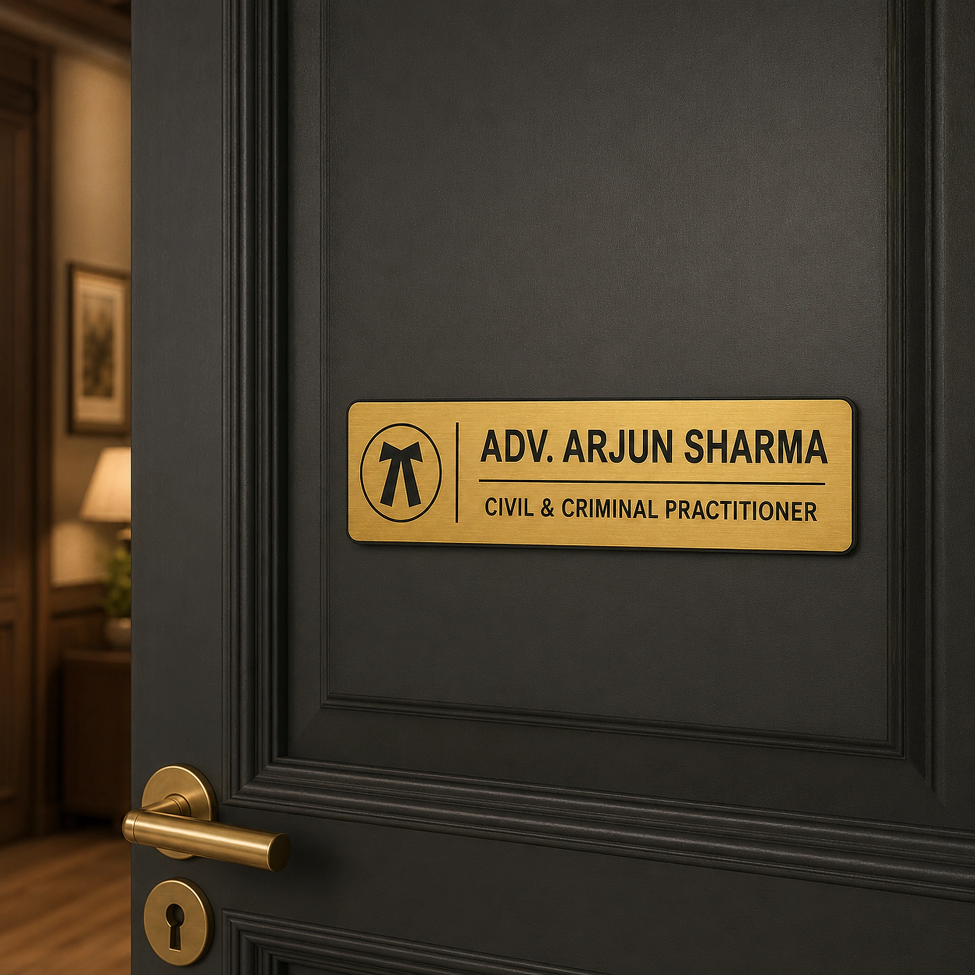 Personalised brushed gold advocate name plate installed on a premium office door