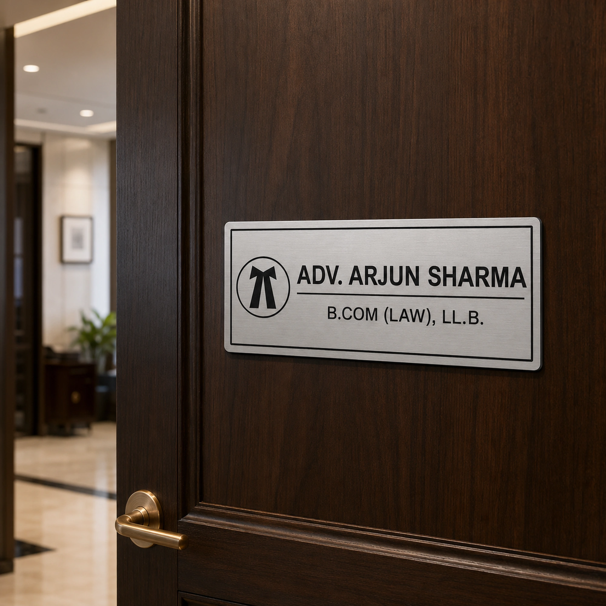 Personalised brushed silver advocate name plate installed on a premium office door
