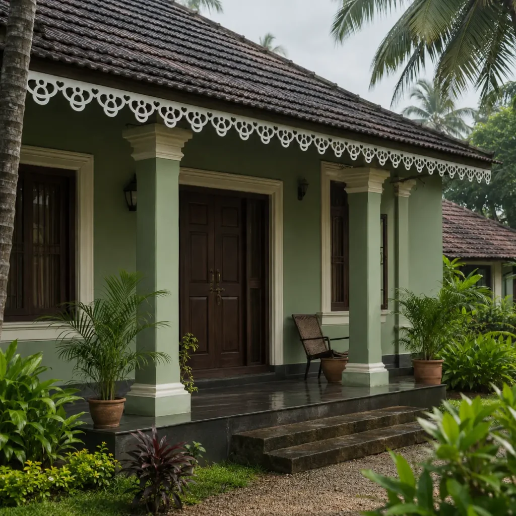 Royal Floral Loop white PVC roof border installed on a Kerala house after rain