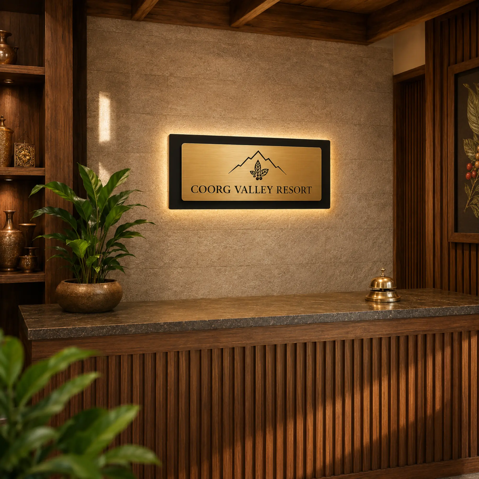 Custom gold resort reception sign displayed at a reception desk in daylight