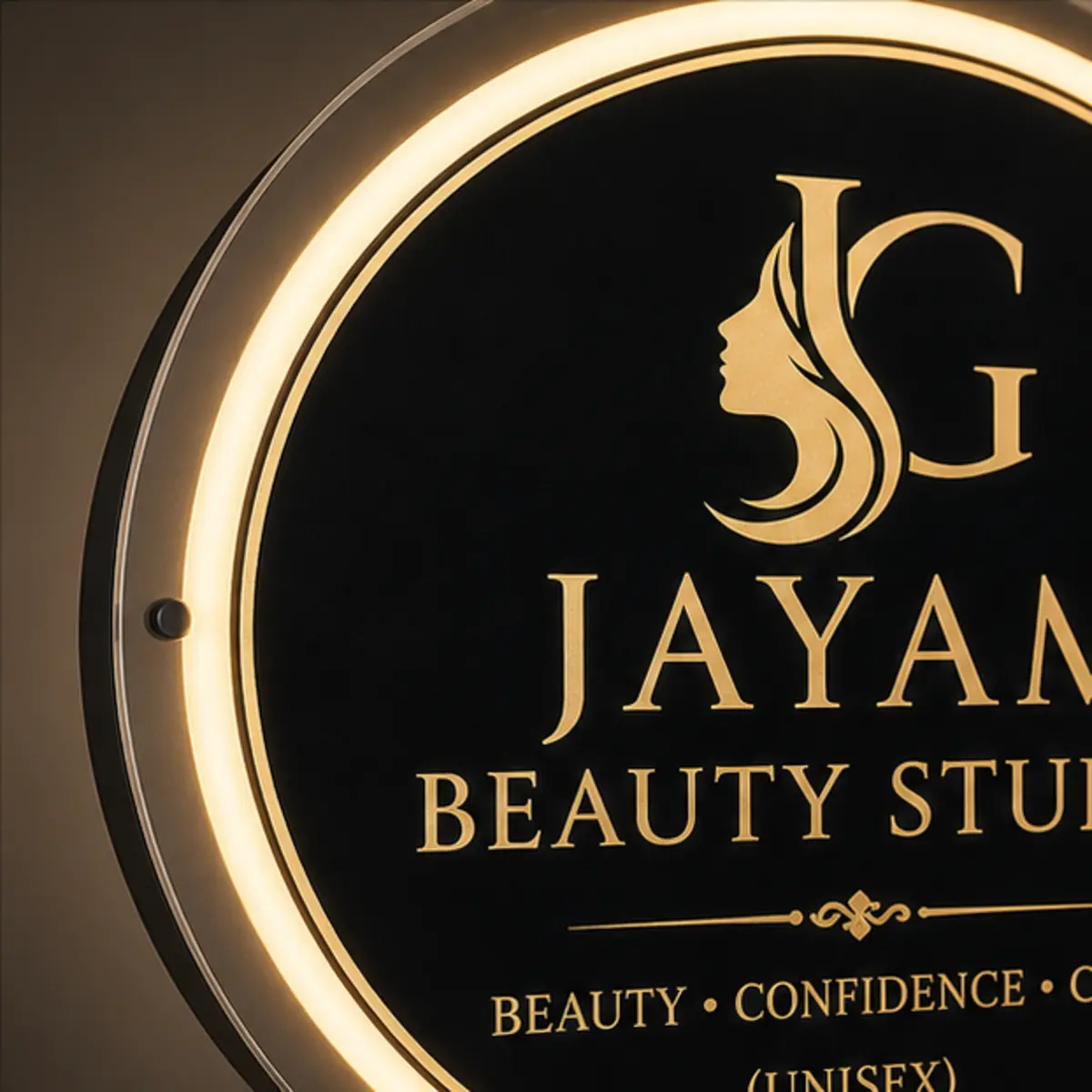 Close-up of warm white LED illumination and acrylic face on round business light box sign