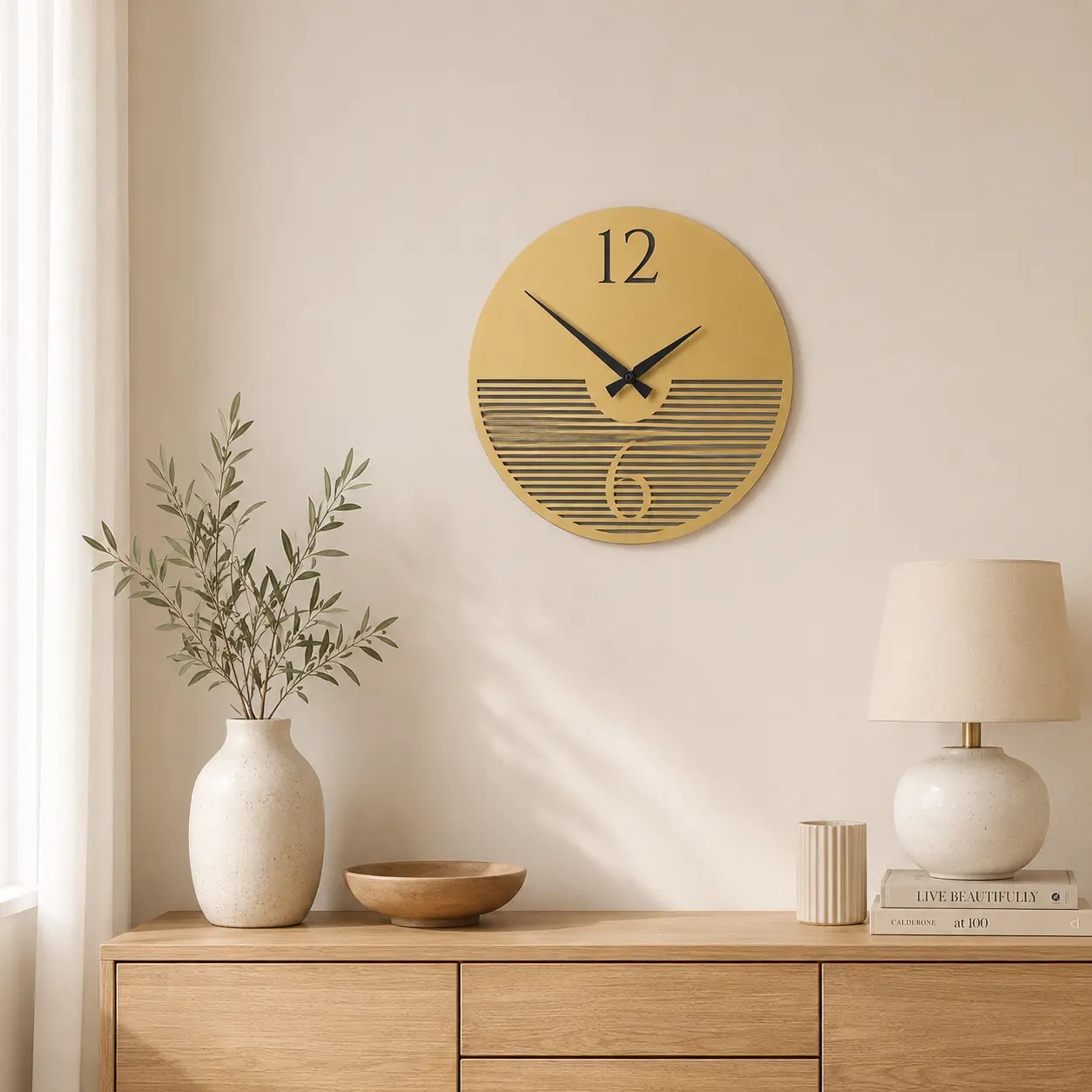 Golden Line-Cut Designer Acrylic Wall Clock displayed above a modern home console