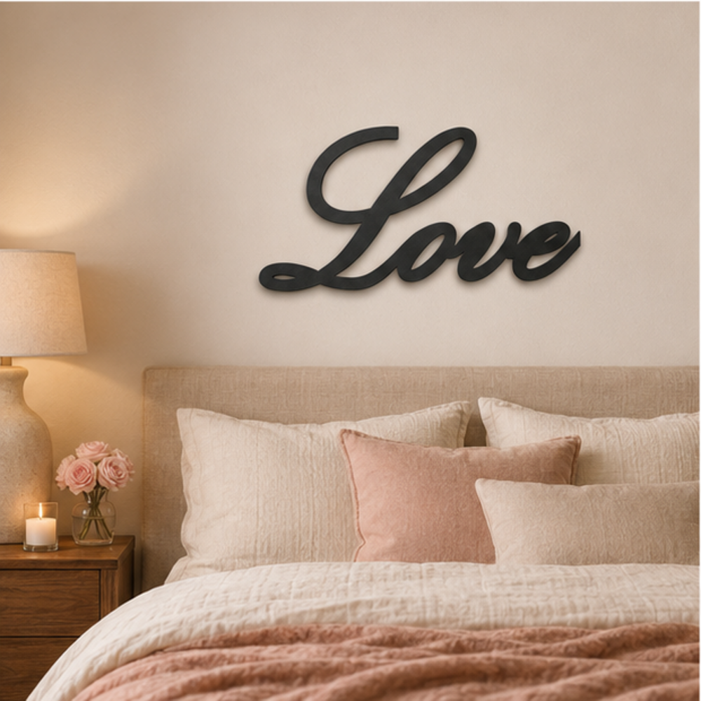 Love Script MDF wall art displayed in a modern home interior