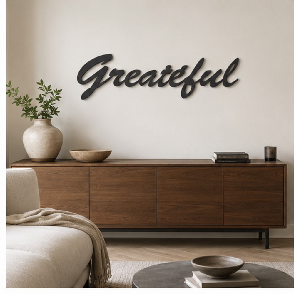 Grateful black MDF wall art styled above a modern home console