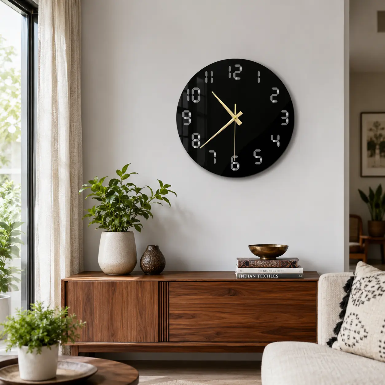 Glossy black acrylic digital number wall clock displayed above a modern living room console