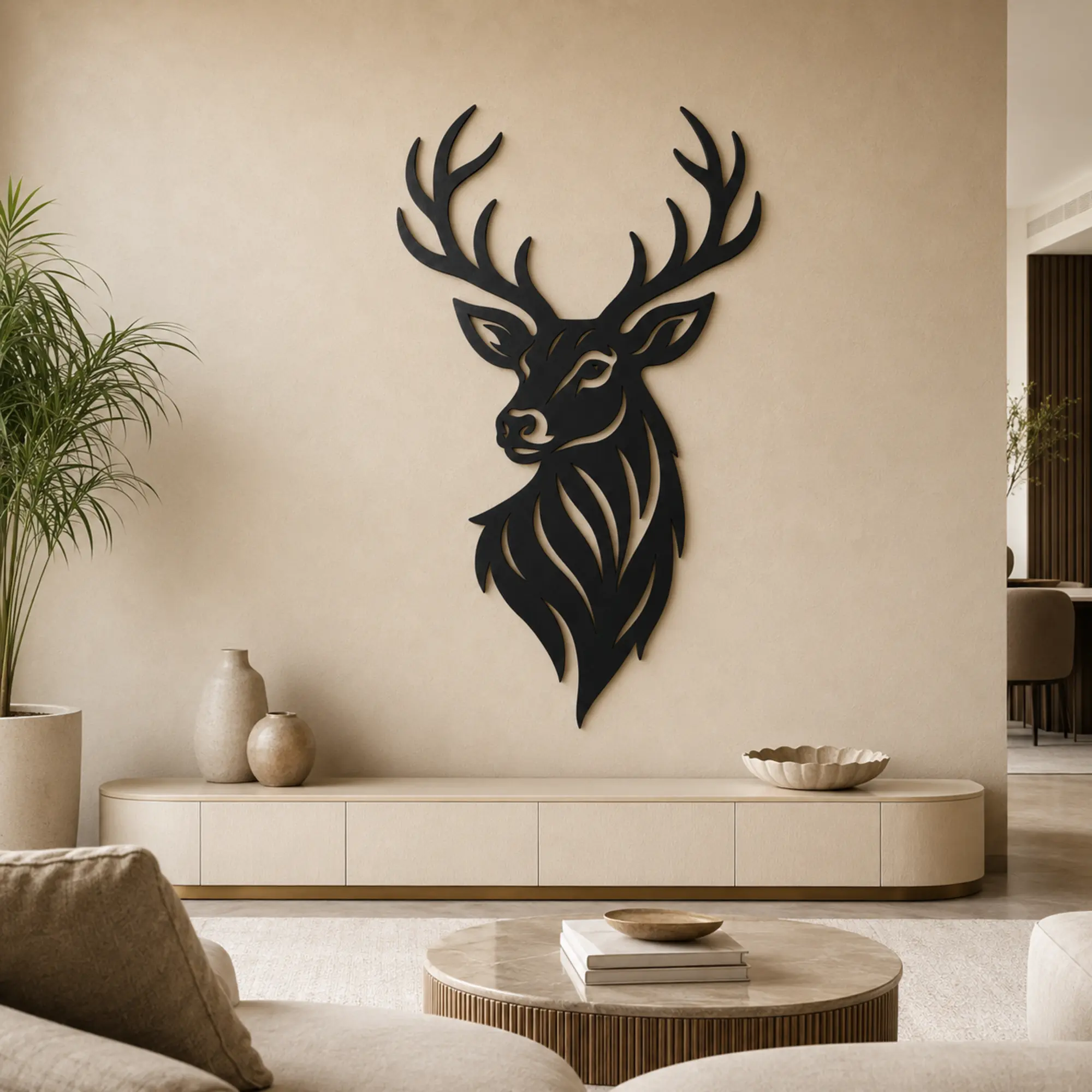 Majestic Stag MDF wall art displayed in a modern luxury living room
