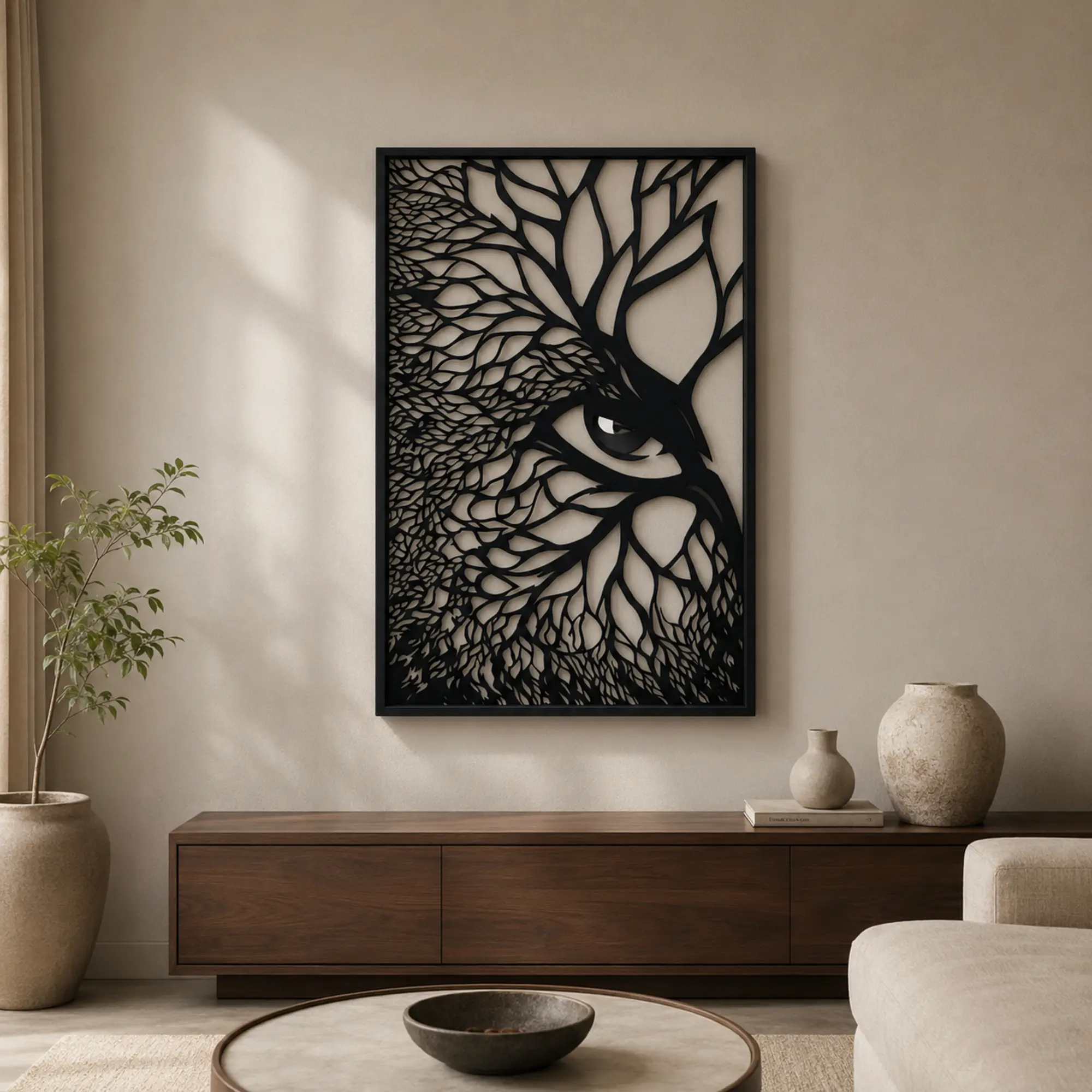 Intricate owl MDF wall art displayed in a modern living-room interior