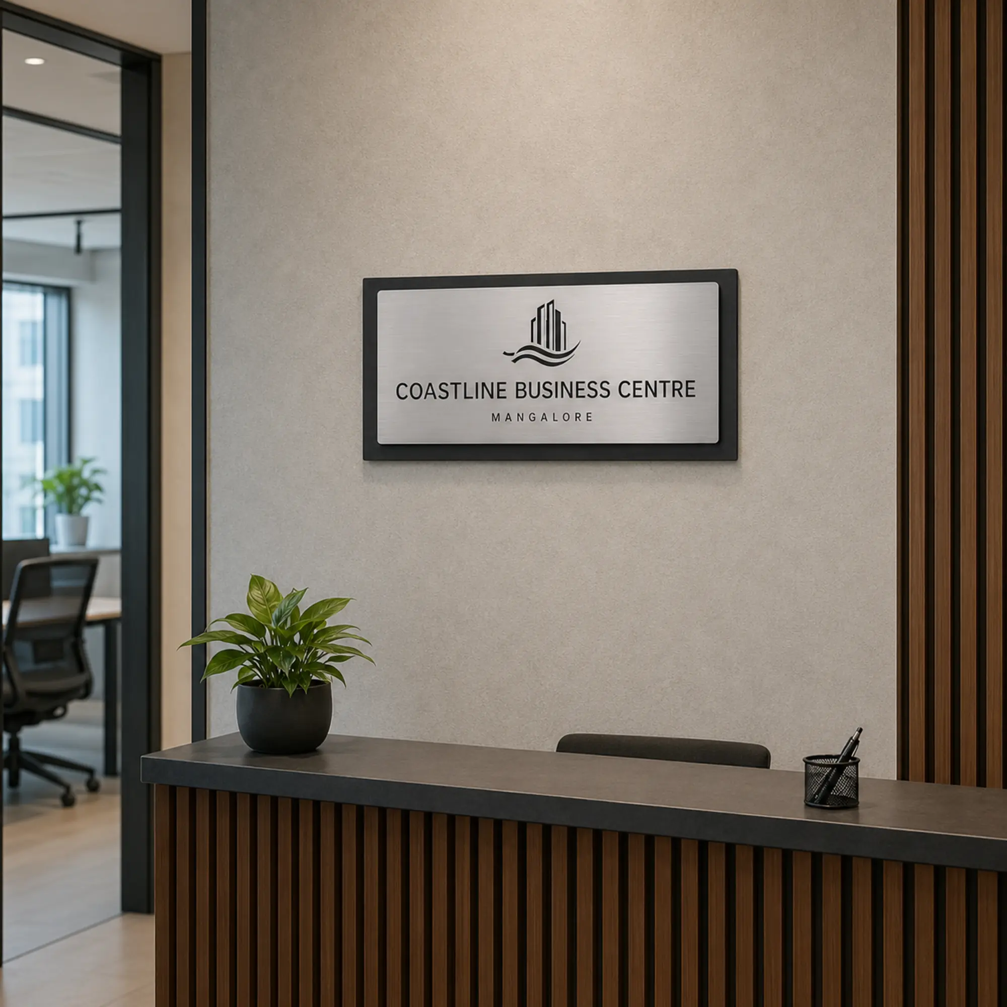 Custom non-LED engraved office sign displayed behind a modern reception desk