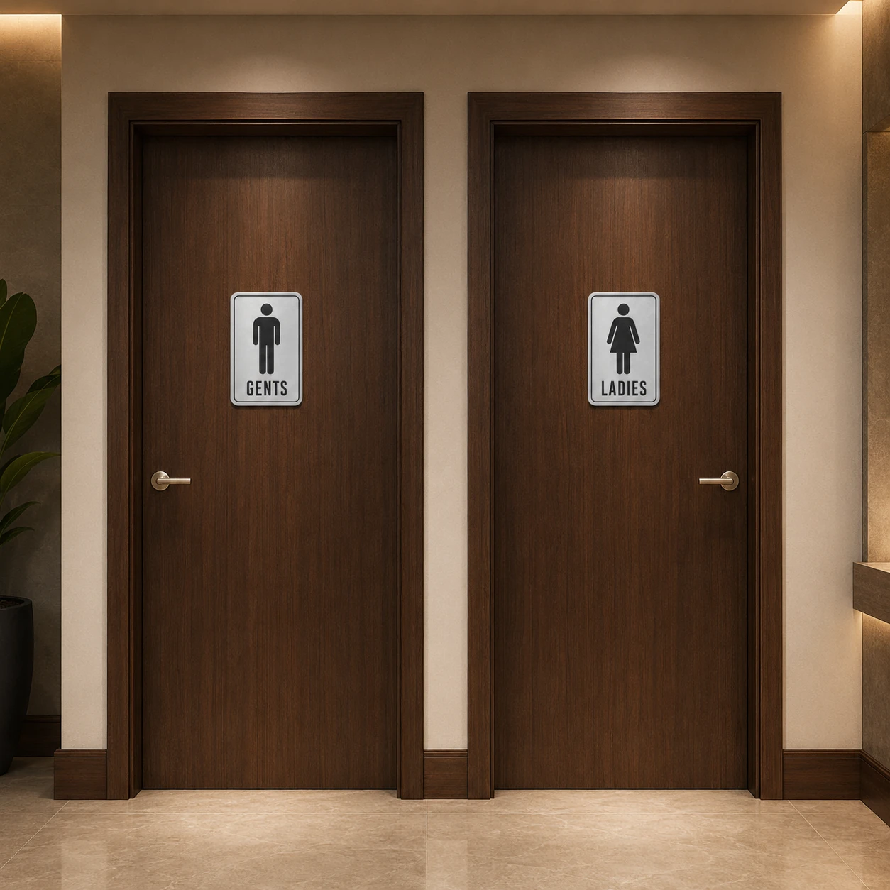 Brushed silver Gents and Ladies restroom signs installed on walnut doors