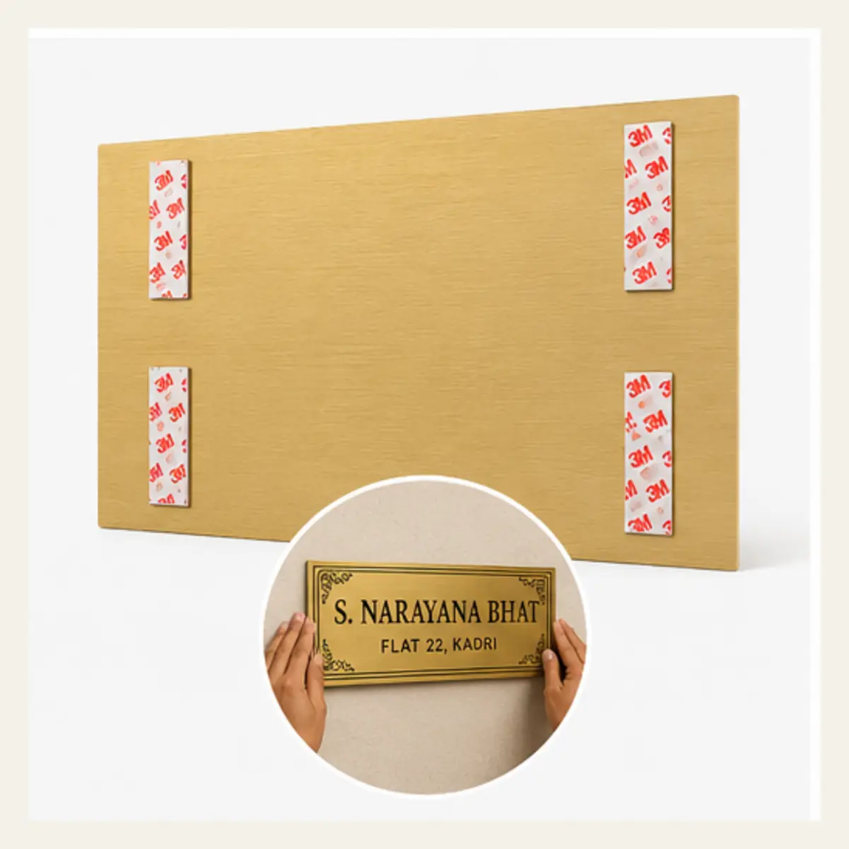 3M tape installation of personalised botanical marigold brushed gold abs name plate with black engraving and 3M tape mounting
