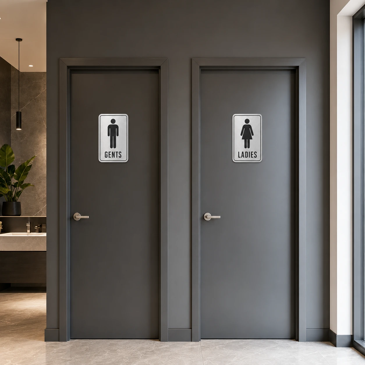 Brushed silver restroom signs installed on charcoal office washroom doors