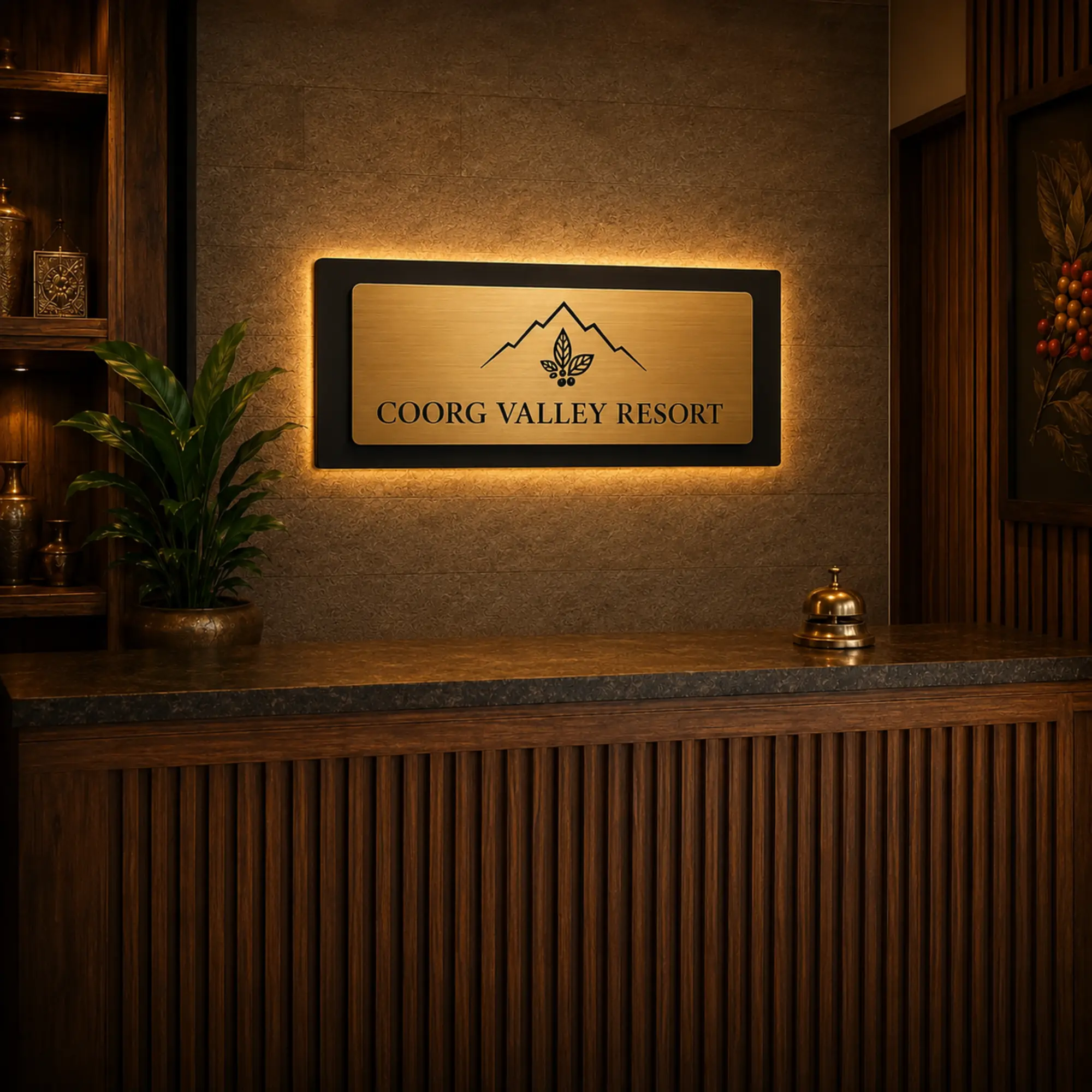 Brushed gold resort reception sign glowing with warm LED light in the evening