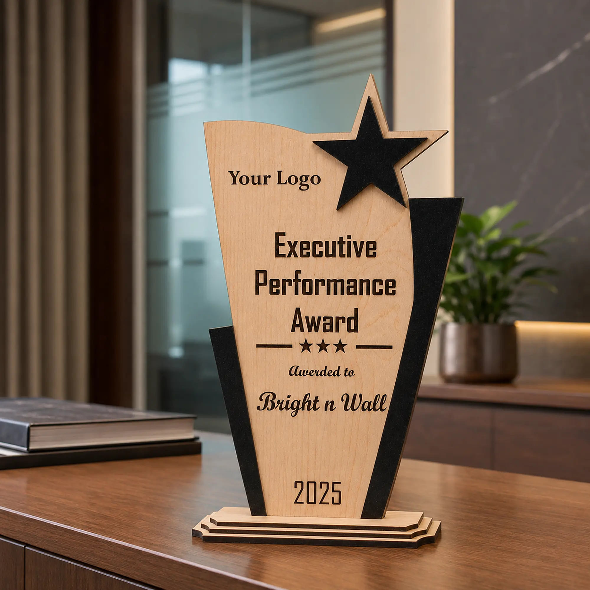 Personalized MDF Executive Performance Award displayed in a modern executive office
