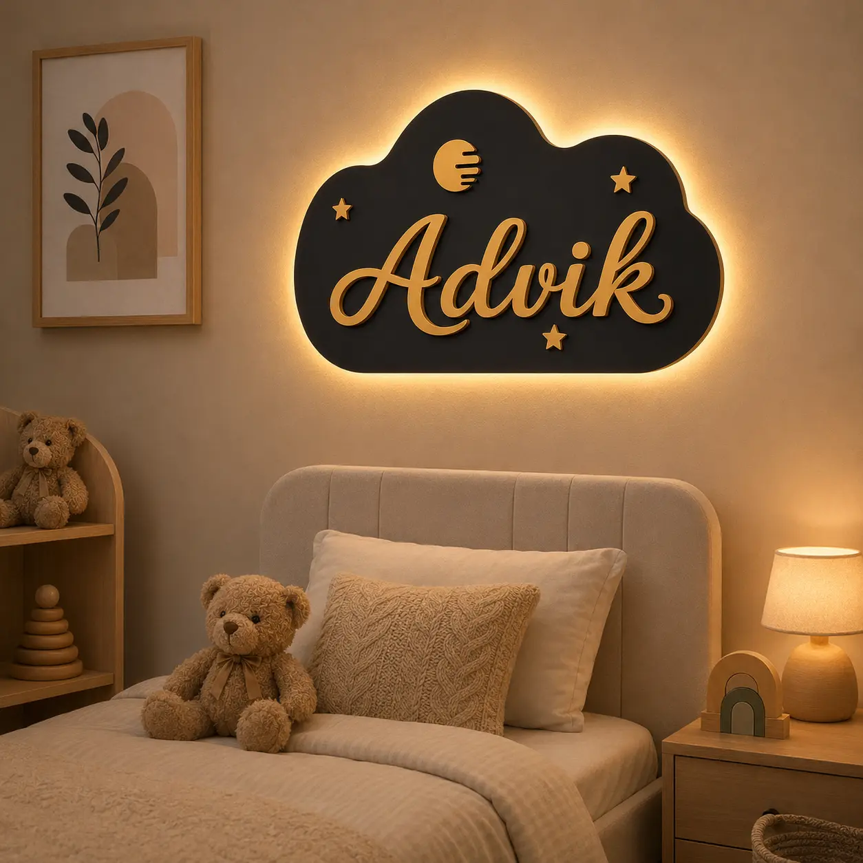 Warm backlit personalised Advik cloud name board displayed above a modern kids room bed