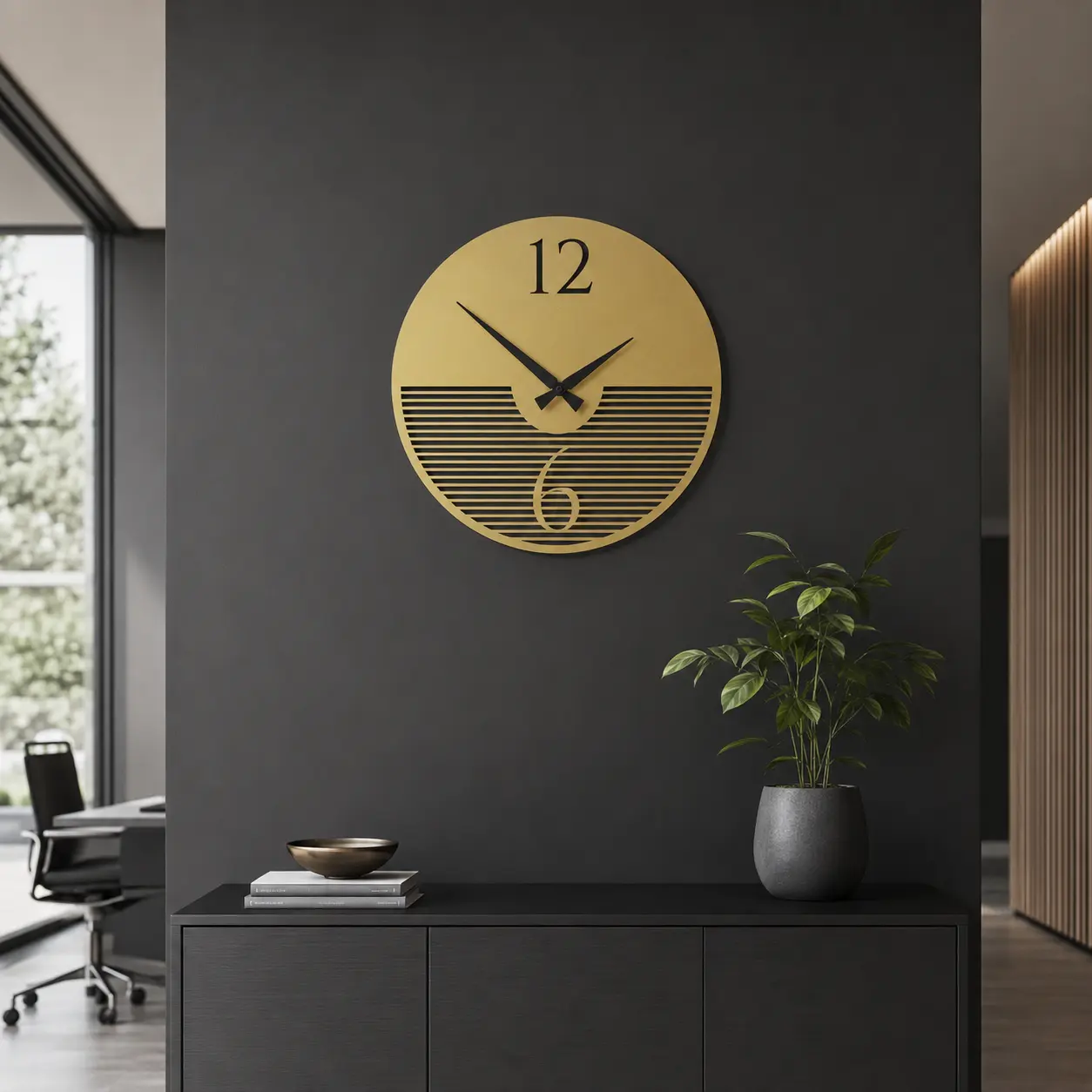 Golden Line-Cut Designer Acrylic Wall Clock displayed in a contemporary office reception