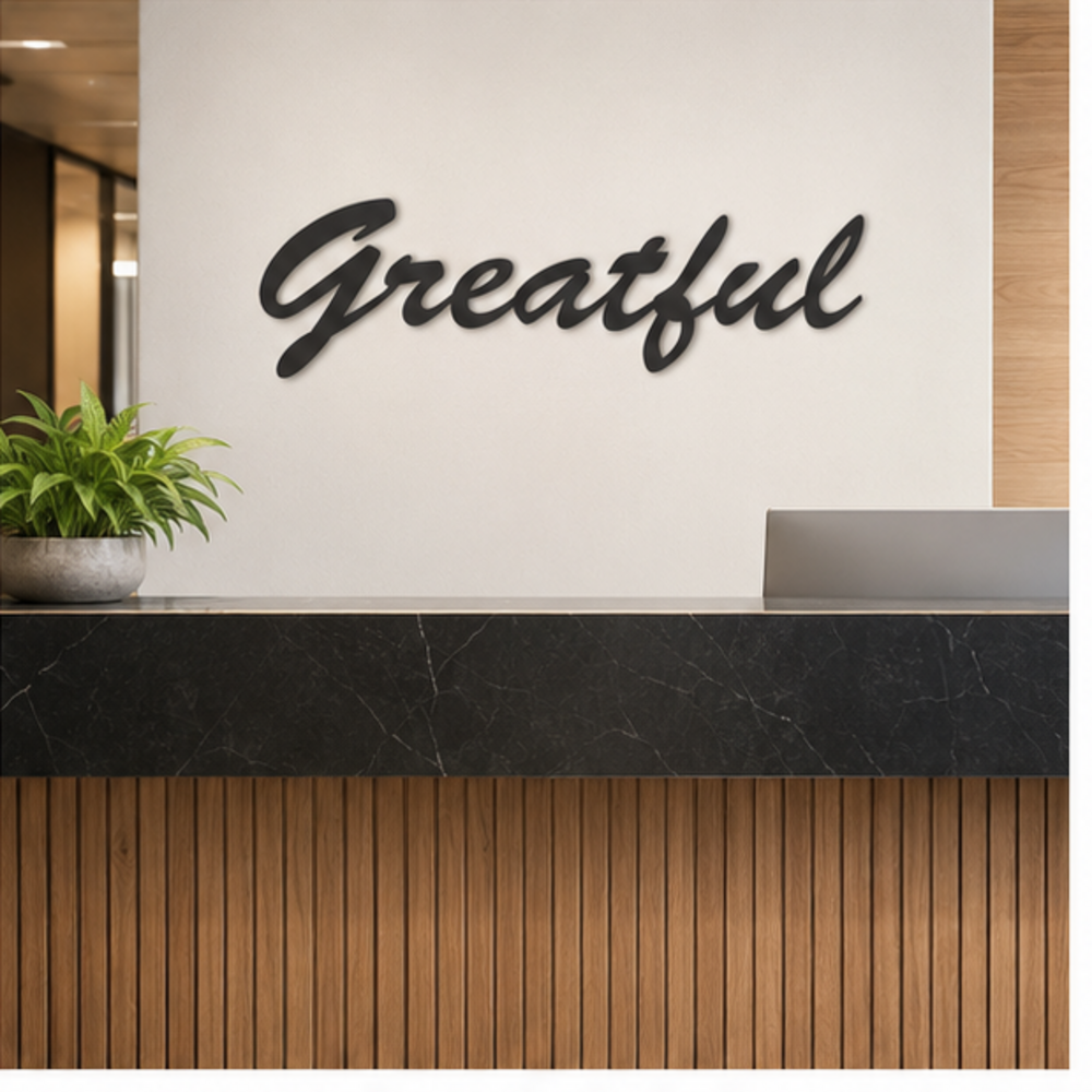Grateful cursive MDF wall art displayed in a modern office reception
