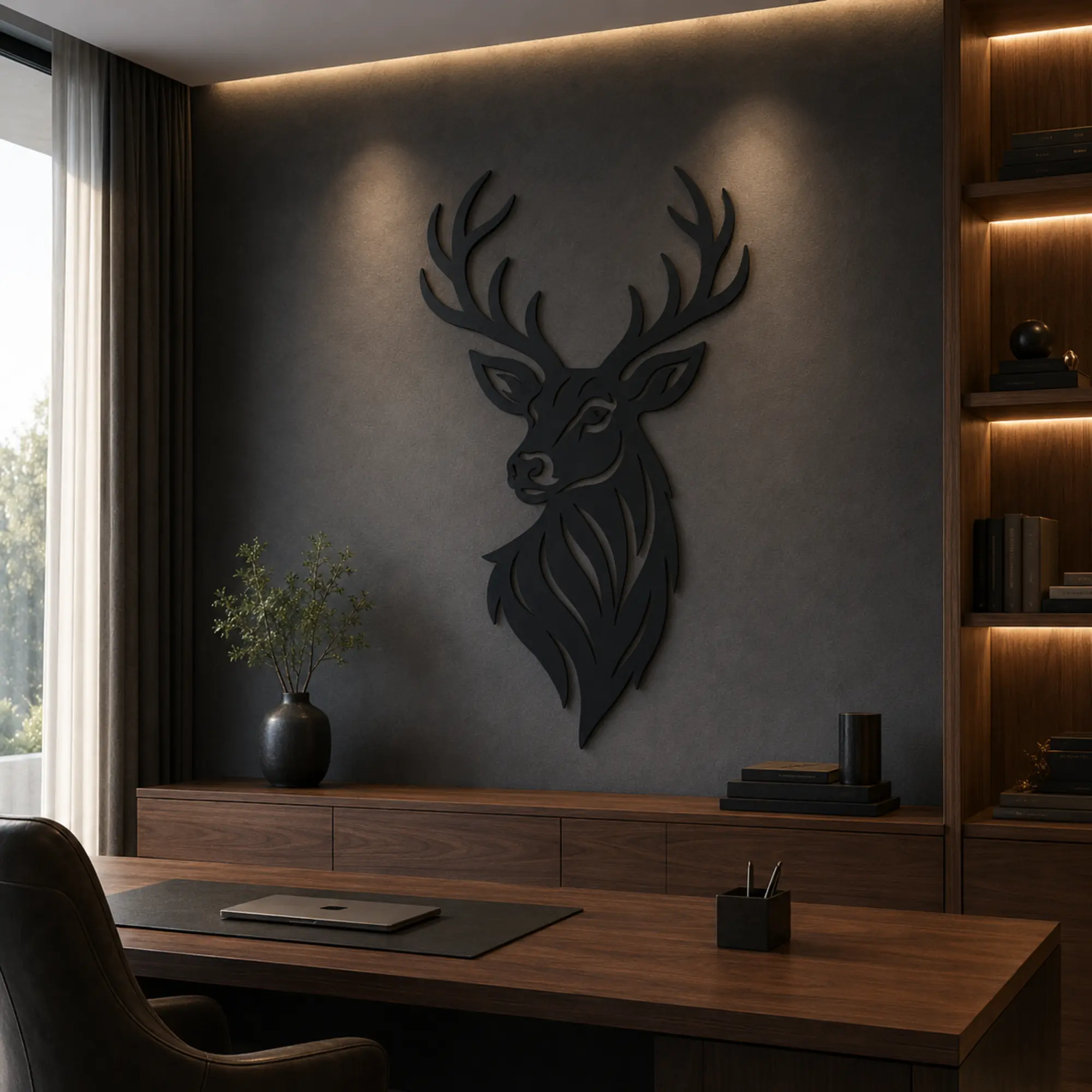 Majestic Stag MDF wall art displayed in a premium office interior
