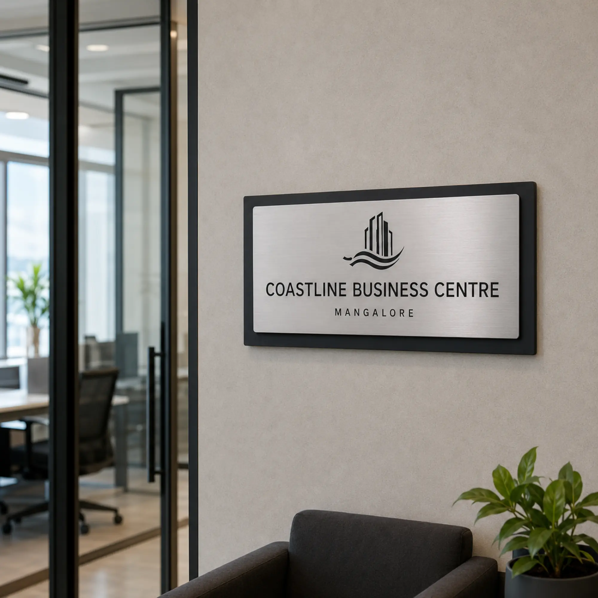Brushed silver non-LED office reception sign installed at a business entrance