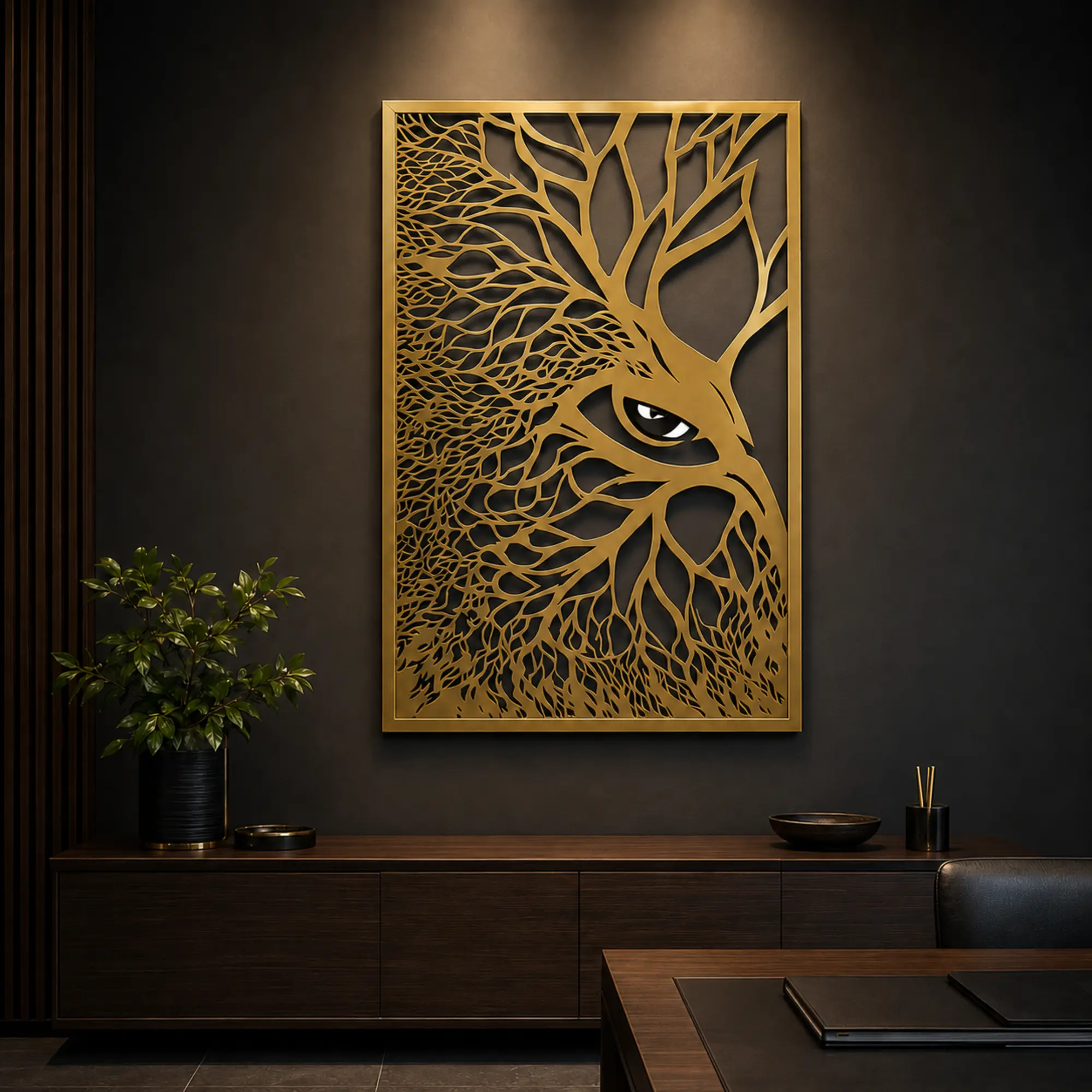 Gold owl MDF wall art with black-and-white eye displayed in a luxury office