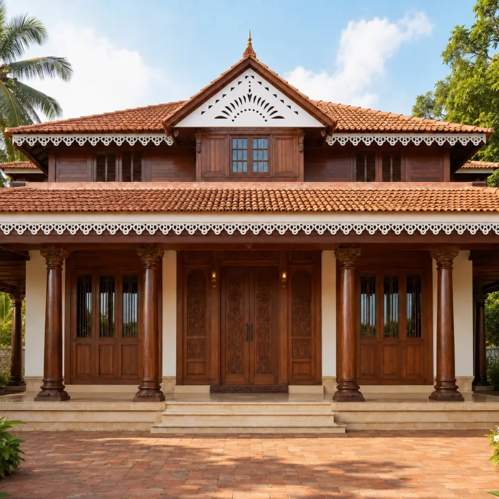 Royal Floral Loop PVC roof border and full gable jaali on a royal wooden Kerala house