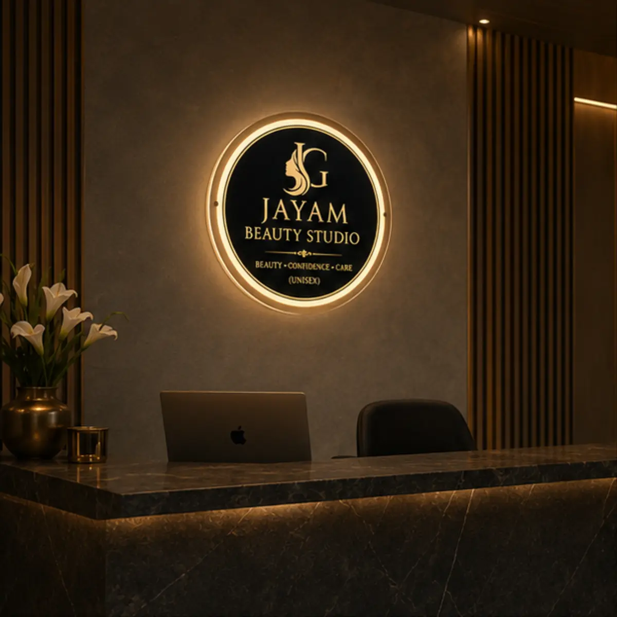Round acrylic LED light box sign board installed behind a luxury salon reception