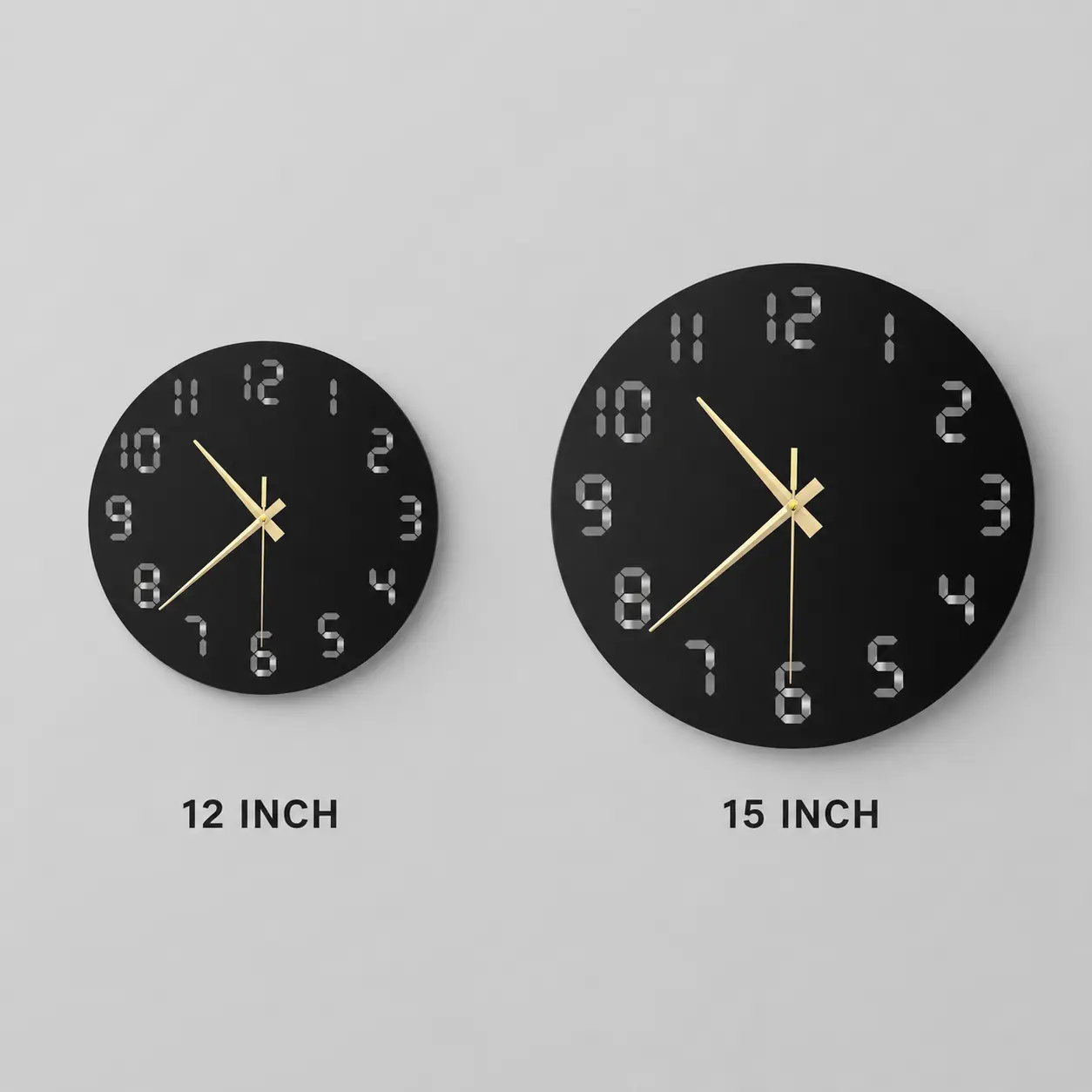 Glossy black acrylic wall clock size comparison for 12 inch and 15 inch options
