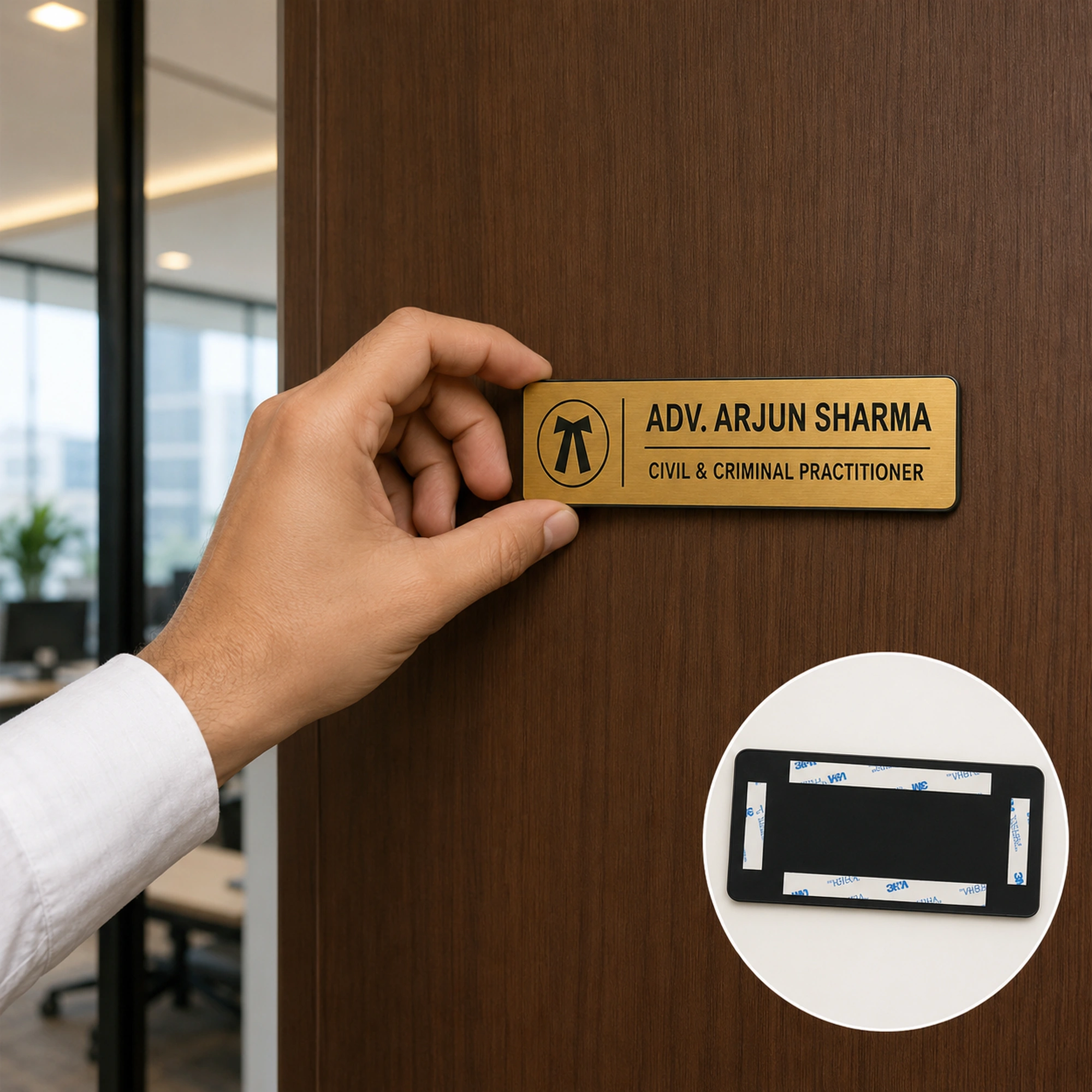Easy tape installation of personalised brushed gold advocate name plate