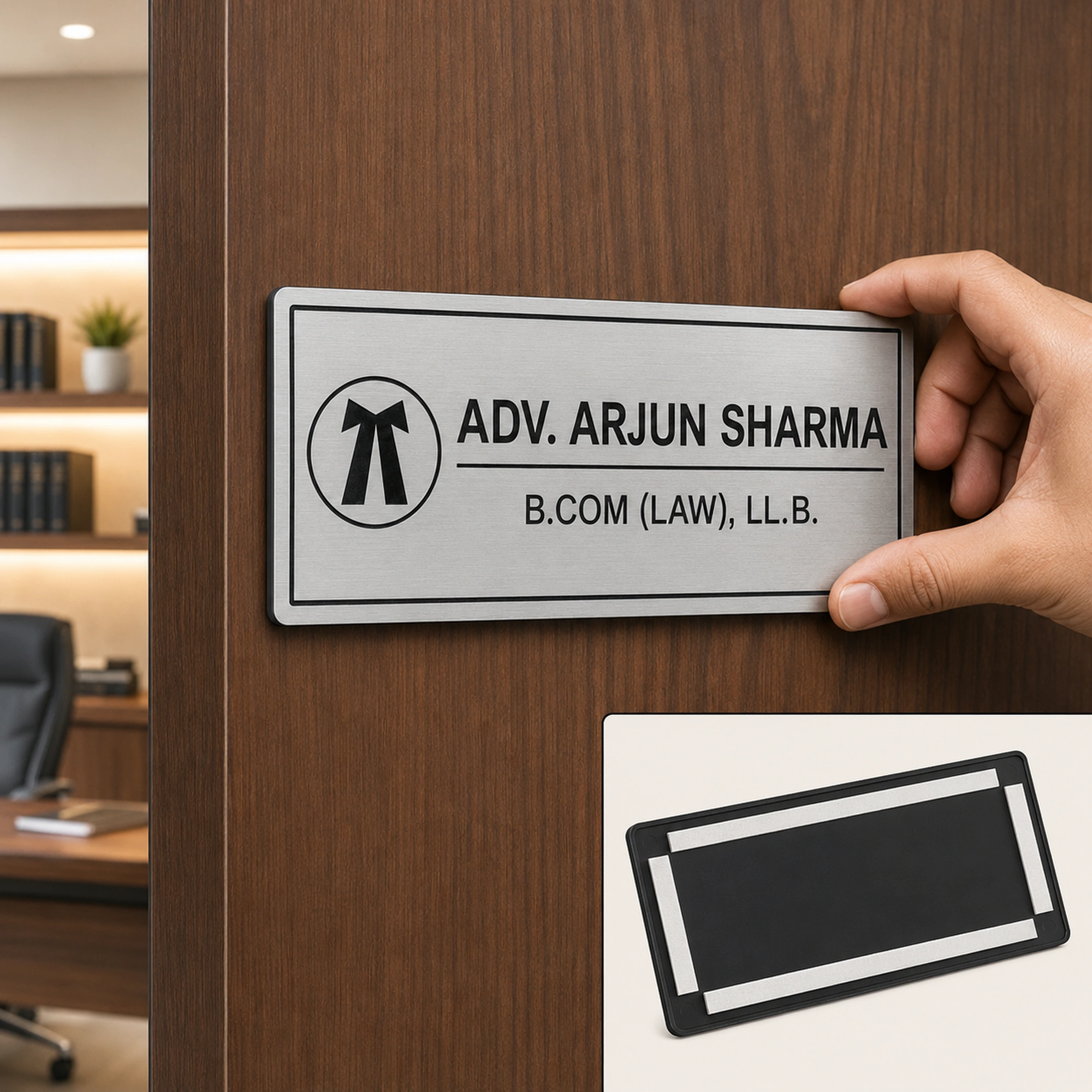 Easy tape installation of personalised brushed silver advocate name plate