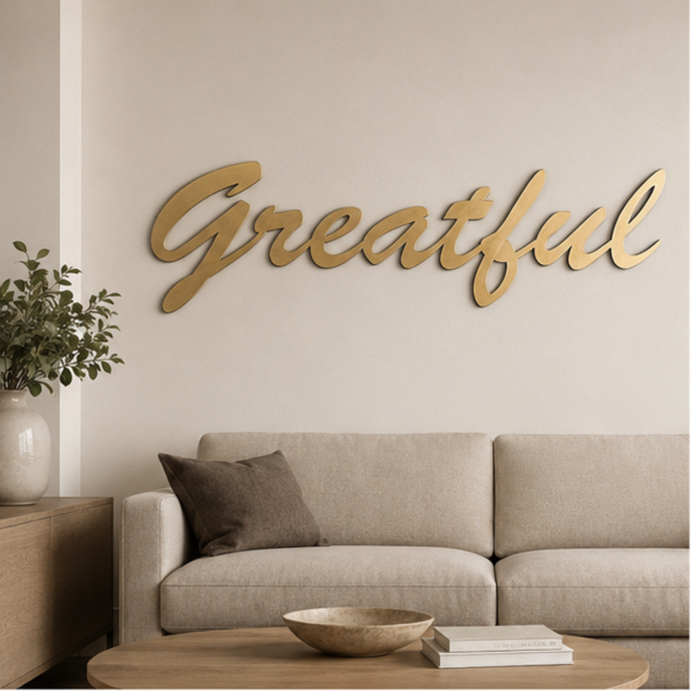 Grateful cursive MDF wall art in premium gold finish