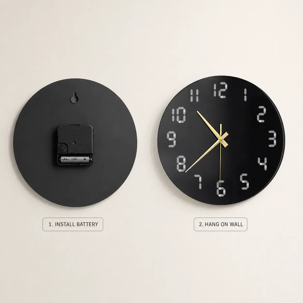 Black acrylic wall clock battery installation and wall hanging instructions