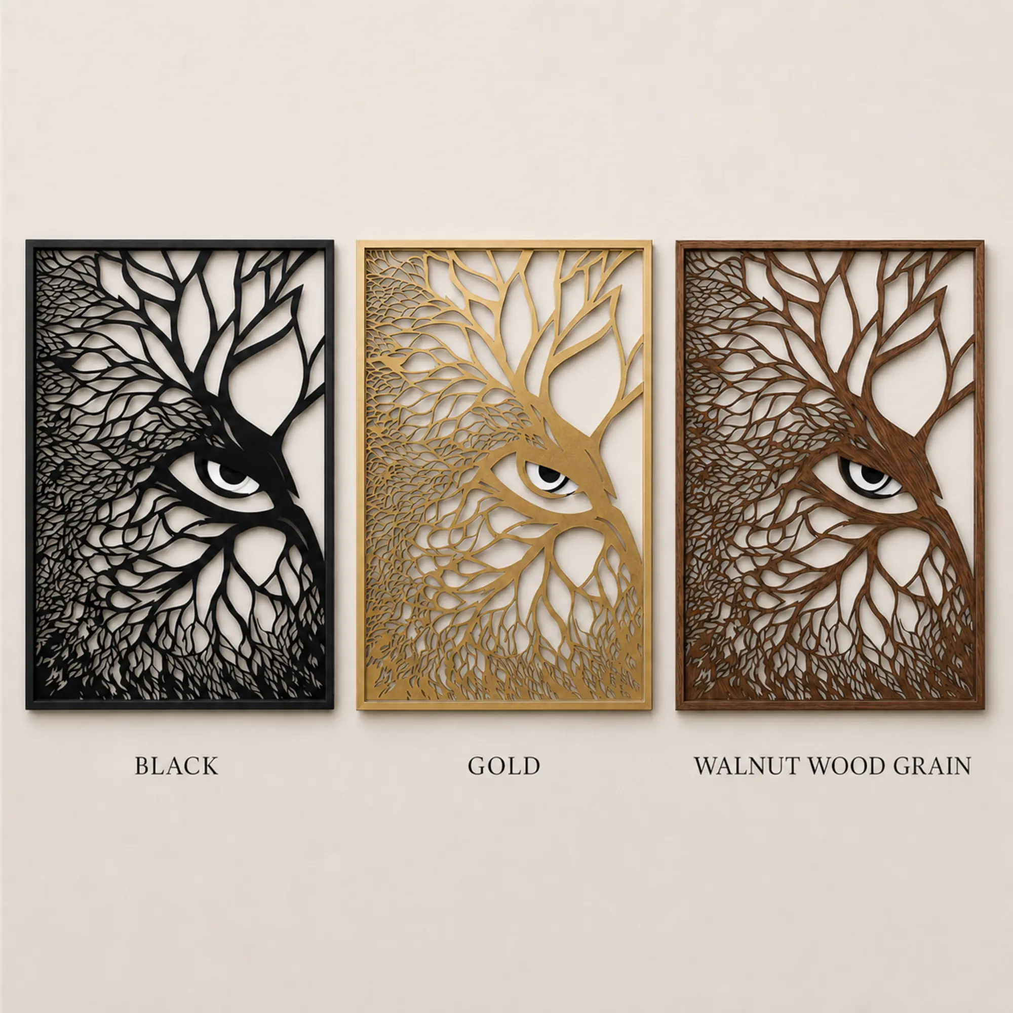 Owl MDF wall art in Black, Gold and Walnut Wood Grain with black-and-white eyes