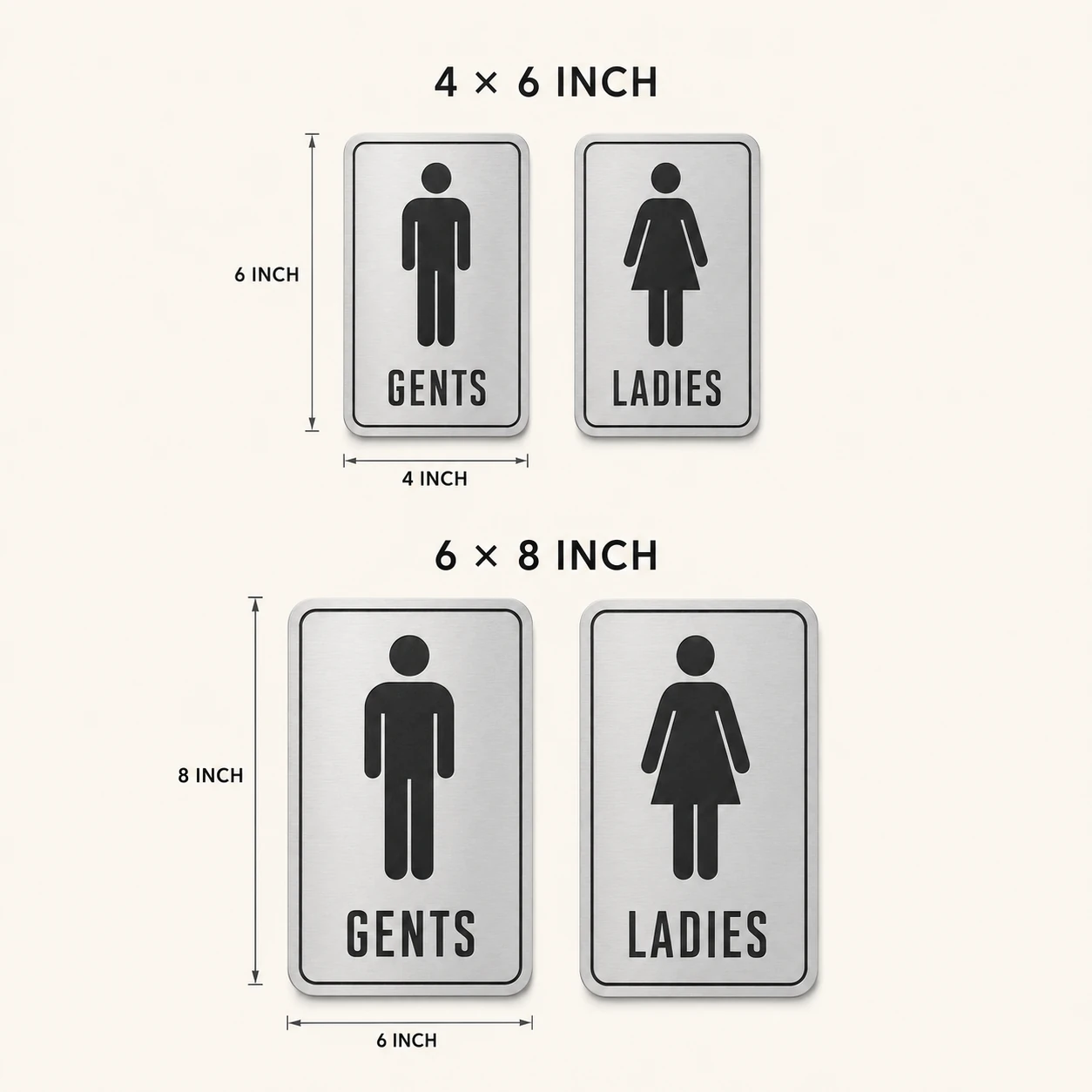 Brushed silver restroom sign set size chart for 4 by 6 and 6 by 8 inch