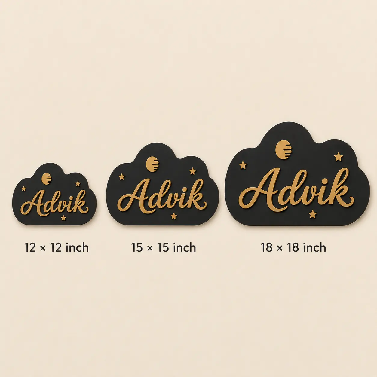 Personalised kids room cloud name board size chart for 12 × 12, 15 × 15 and 18 × 18 inch