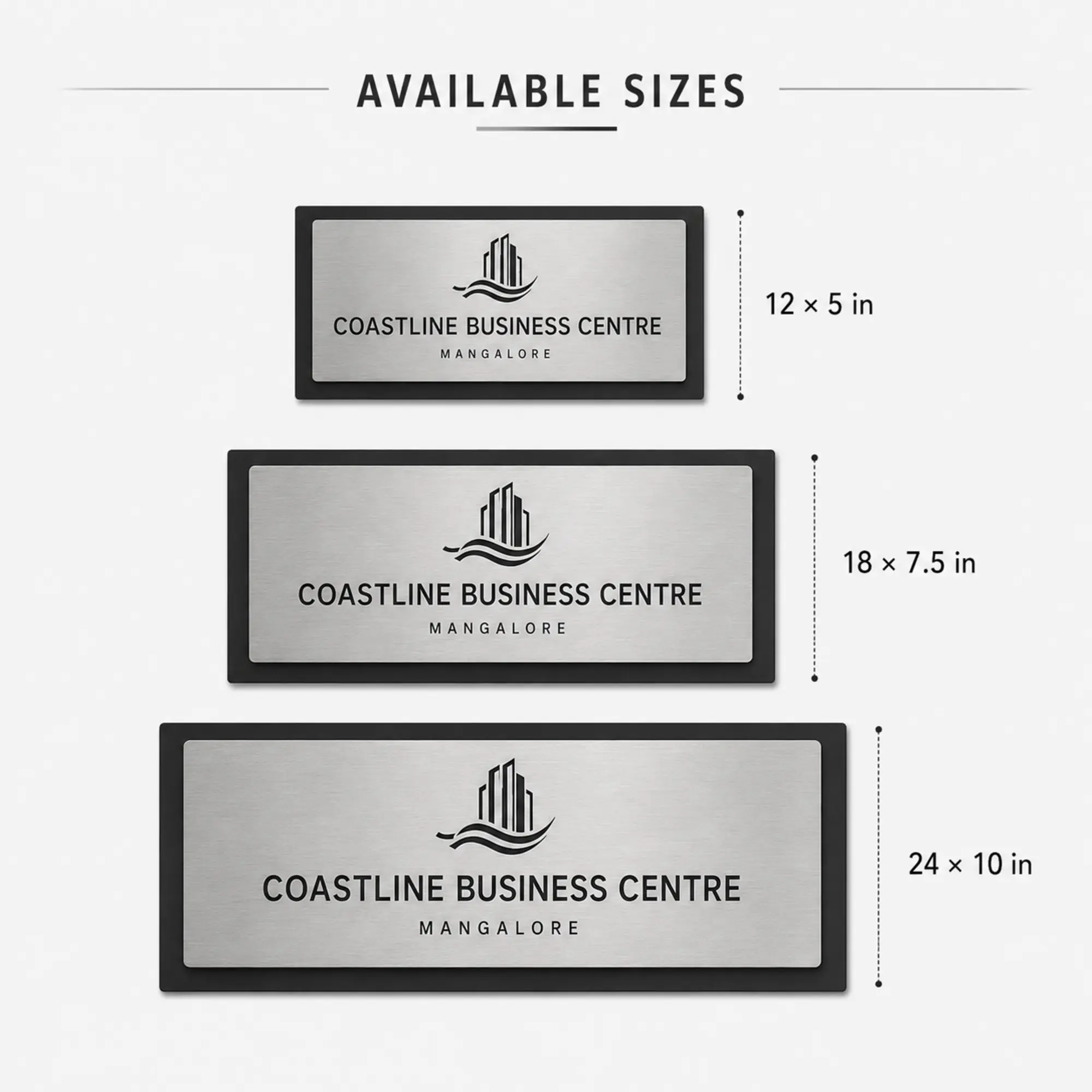 Office reception sign size chart for 12 by 5, 18 by 7.5 and 24 by 10 inch options