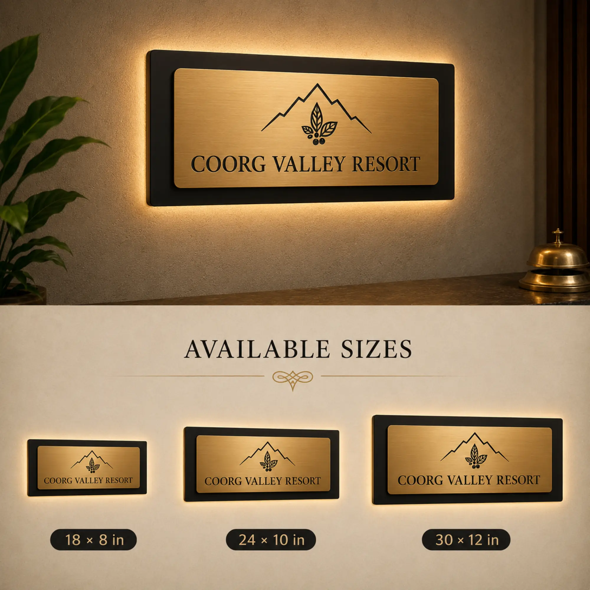 LED resort reception sign size chart for 18 by 8, 24 by 10 and 30 by 12 inch options